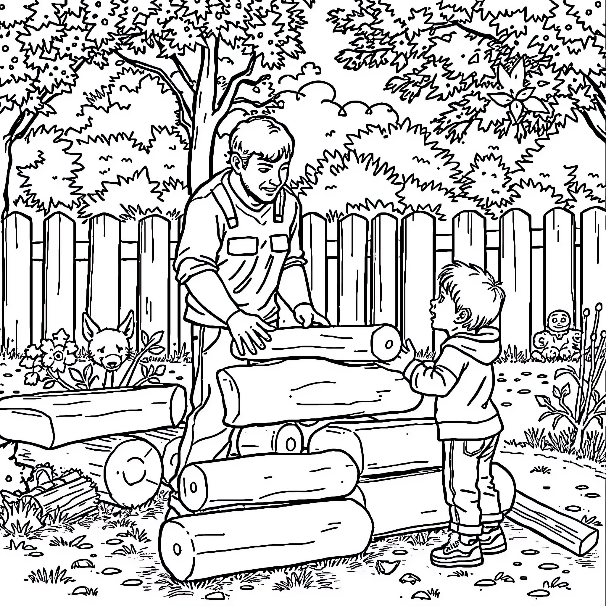 Dad works diligently in the backyard with his child Coloring Page (free black-and-white line drawing printable PDF for all, from beginners to advanced learners, including children, teens, adults, and seniors)