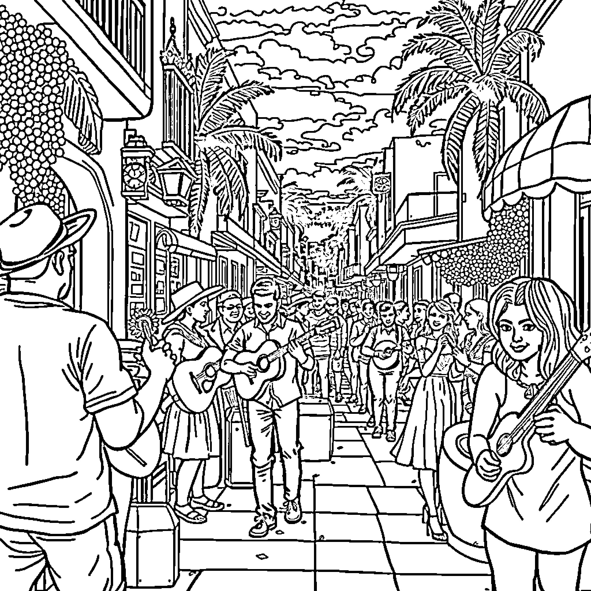 Veracruz Bustling Street with Vibrant Locals Coloring Page (free black-and-white line drawing printable PDF for all, from beginners to advanced learners, including children, teens, adults, and seniors)