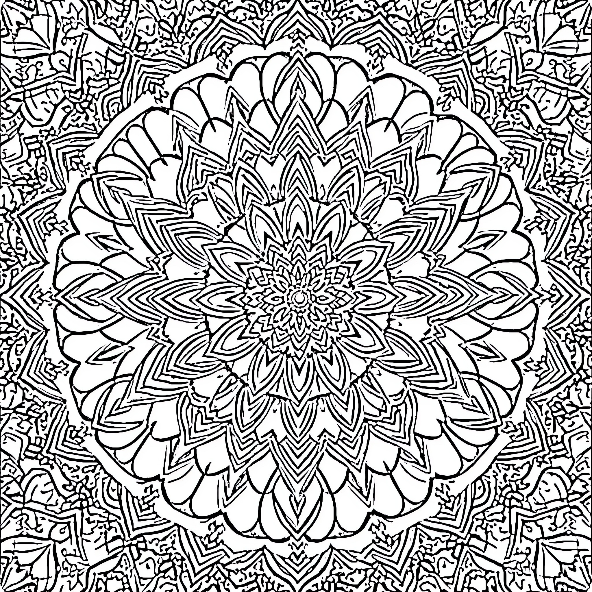 Mandala of intricate floral patterns Coloring Page (free black-and-white line drawing printable PDF for all, from beginners to advanced learners, including children, teens, adults, and seniors)