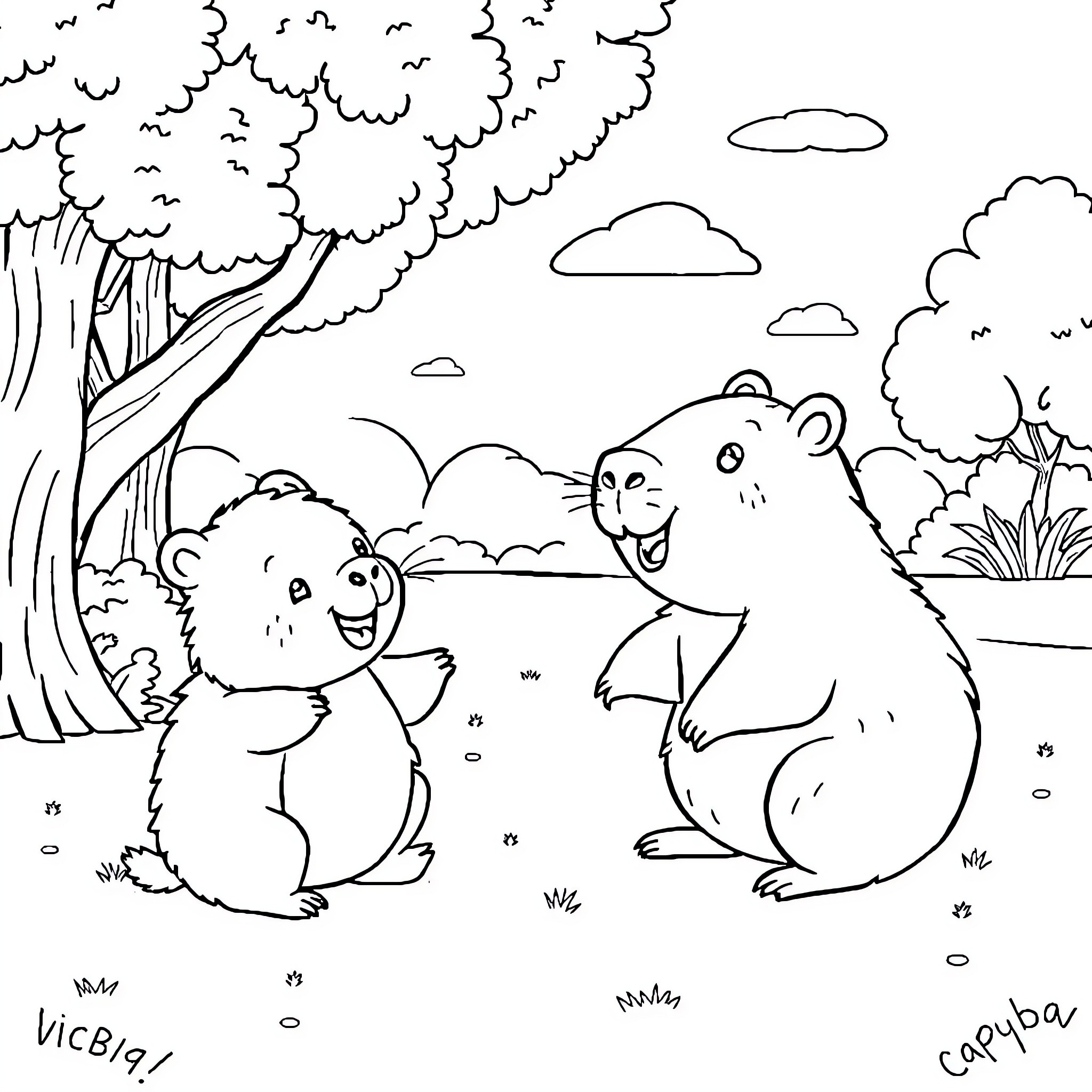 Labubu's Playful Adventure in the Forest Coloring Page (free black-and-white line drawing printable PDF for all, from beginners to advanced learners, including children, teens, adults, and seniors)