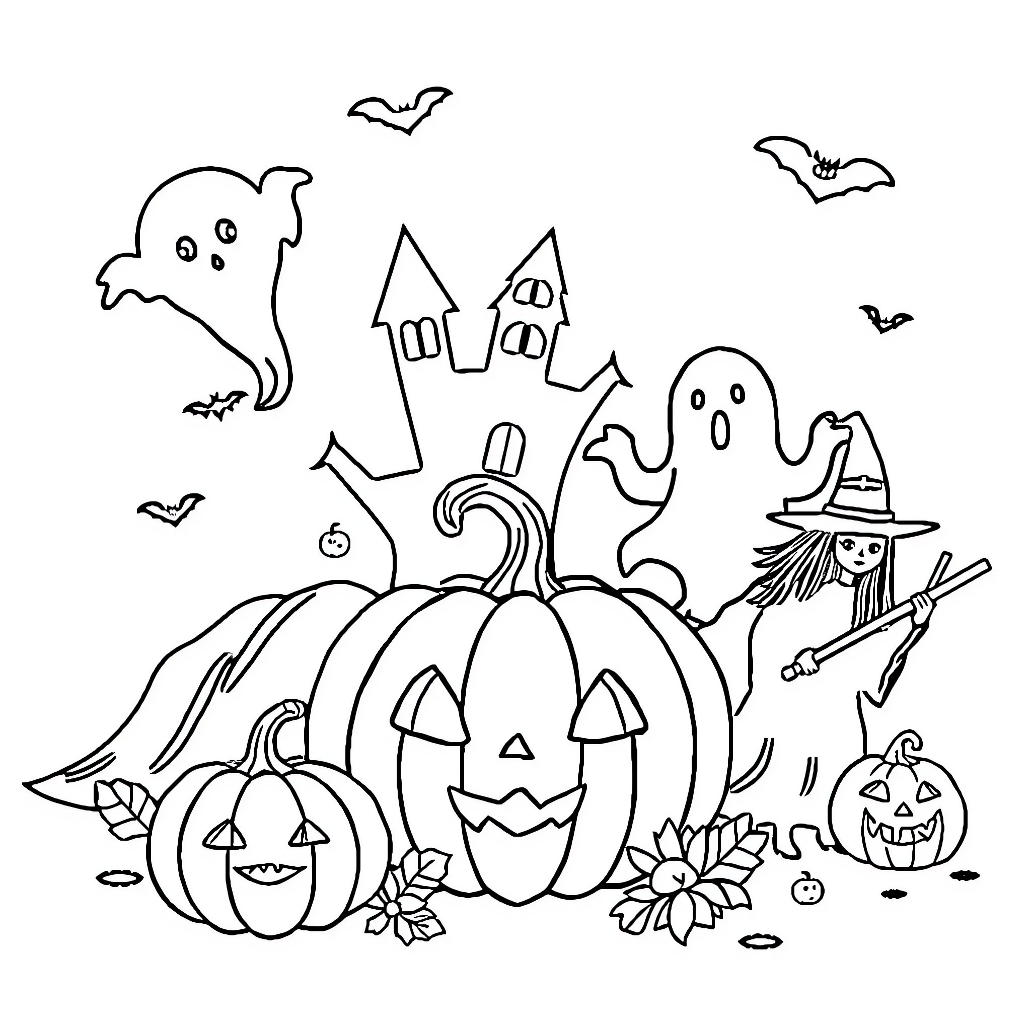 Halloween spooky scene with pumpkins and ghosts Coloring Page (free black-and-white line drawing printable PDF for all, from beginners to advanced learners, including children, teens, adults, and seniors)