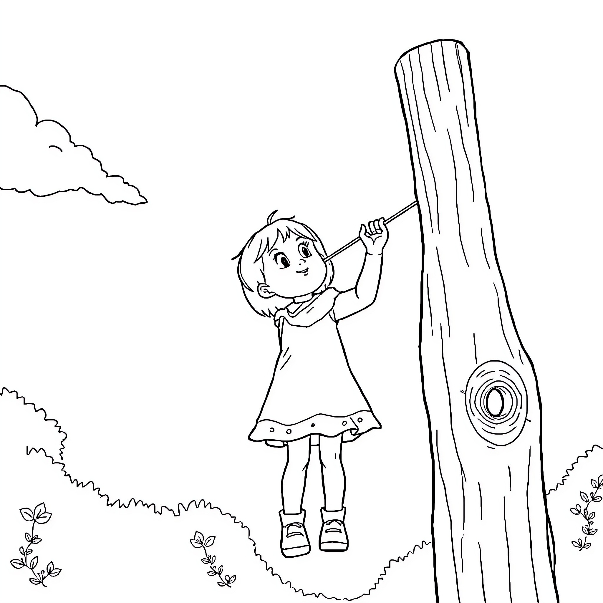 Fille playing happily outdoors with a wooden post Coloring Page (free black-and-white line drawing printable PDF for all, from beginners to advanced learners, including children, teens, adults, and seniors)