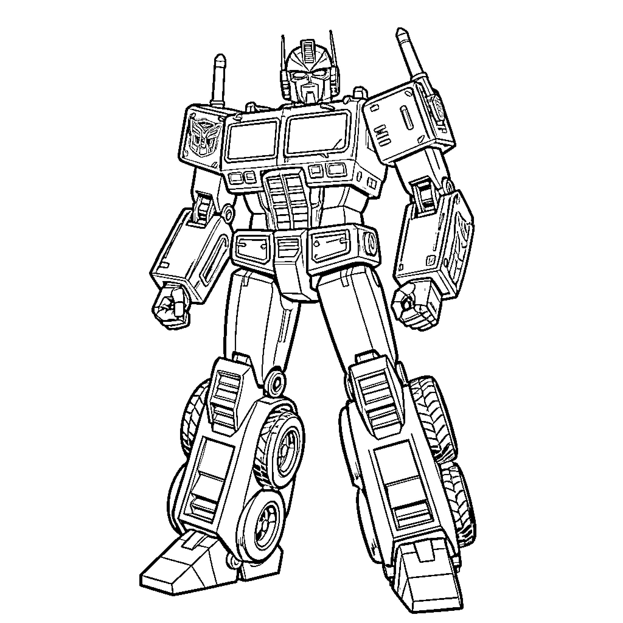 Optimus Prime robot transforming into action pose Coloring Page (free black-and-white line drawing printable PDF for all, from beginners to advanced learners, including children, teens, adults, and seniors)