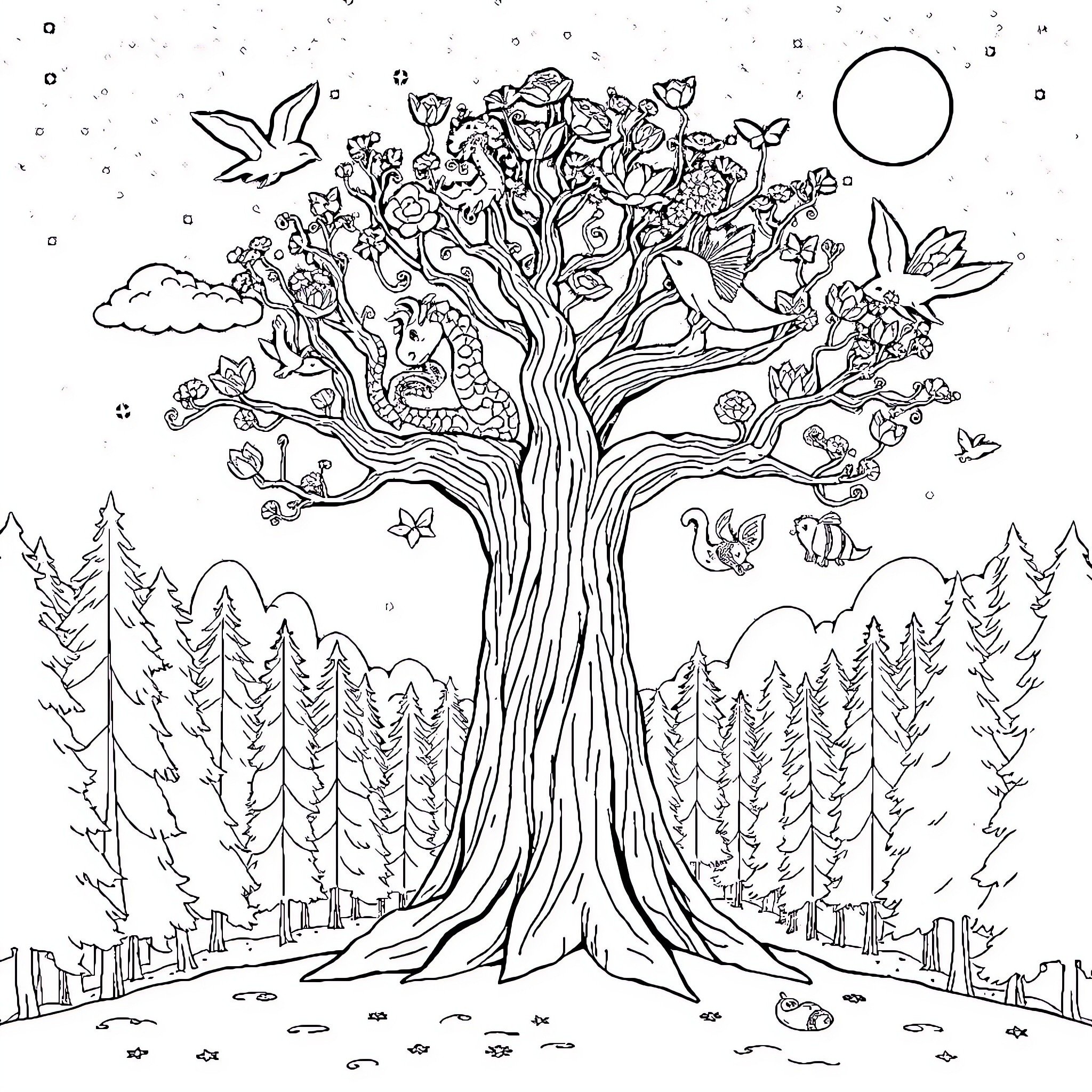 Tree of Enchanting Wildlife and Foliage Coloring Page (free black-and-white line drawing printable PDF for all, from beginners to advanced learners, including children, teens, adults, and seniors)