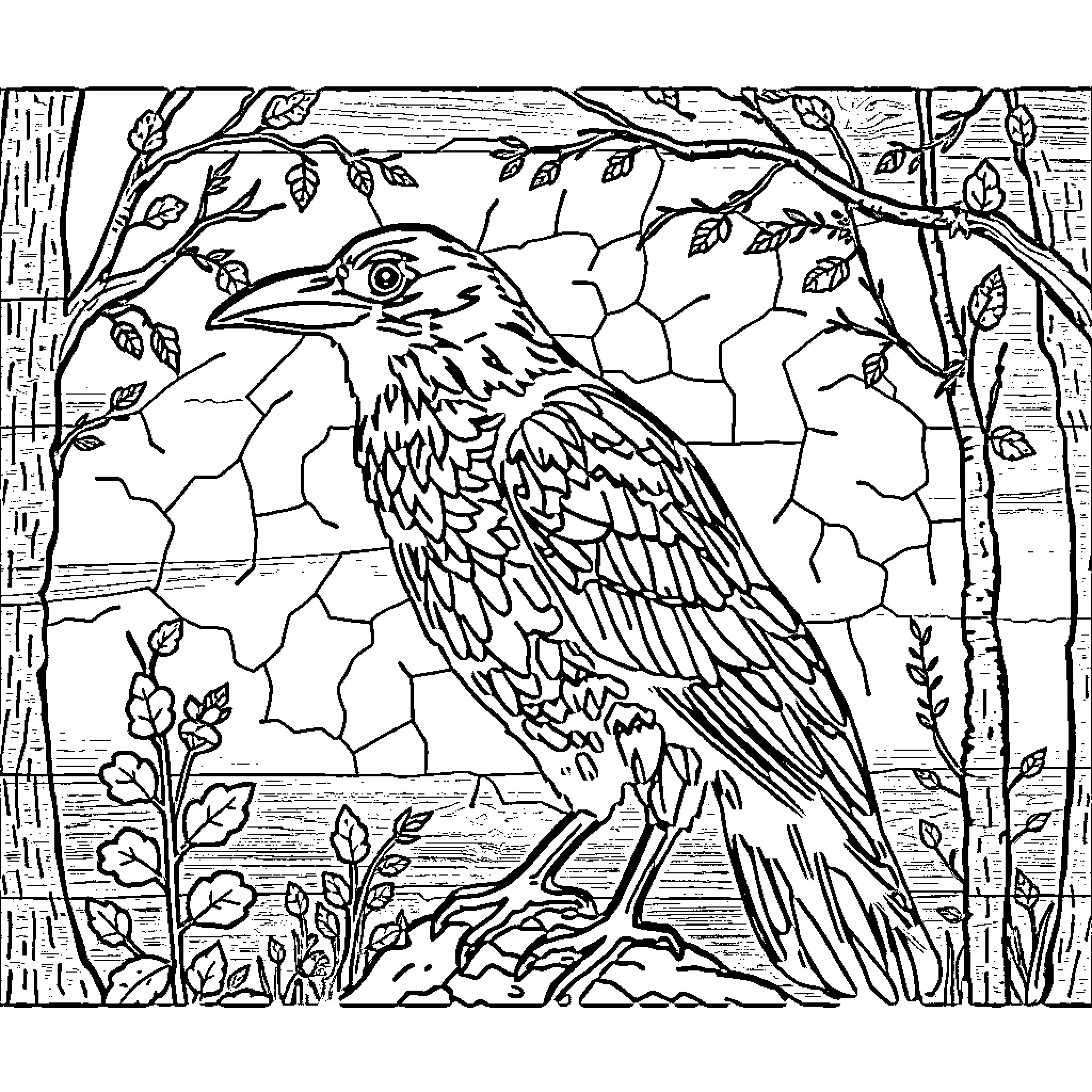 Crow perched amidst nature's intricate design Coloring Page (free black-and-white line drawing printable PDF for all, from beginners to advanced learners, including children, teens, adults, and seniors)