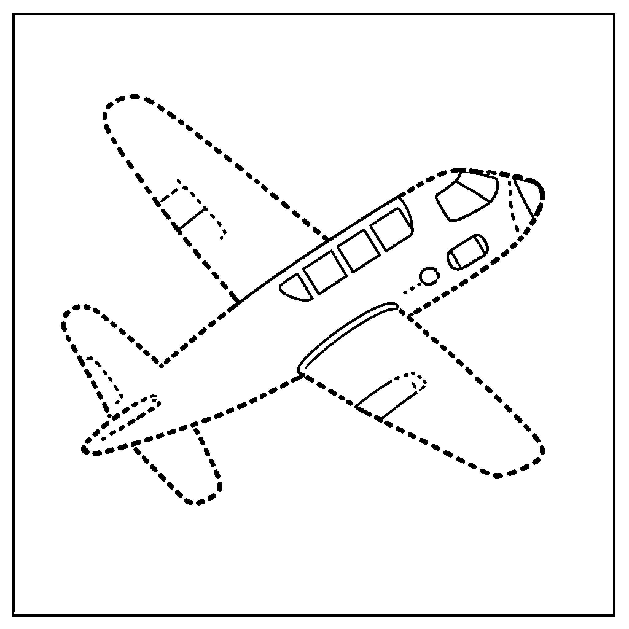 Aeroplane in flight with dotted outline Coloring Page (free black-and-white line drawing printable PDF for all, from beginners to advanced learners, including children, teens, adults, and seniors)