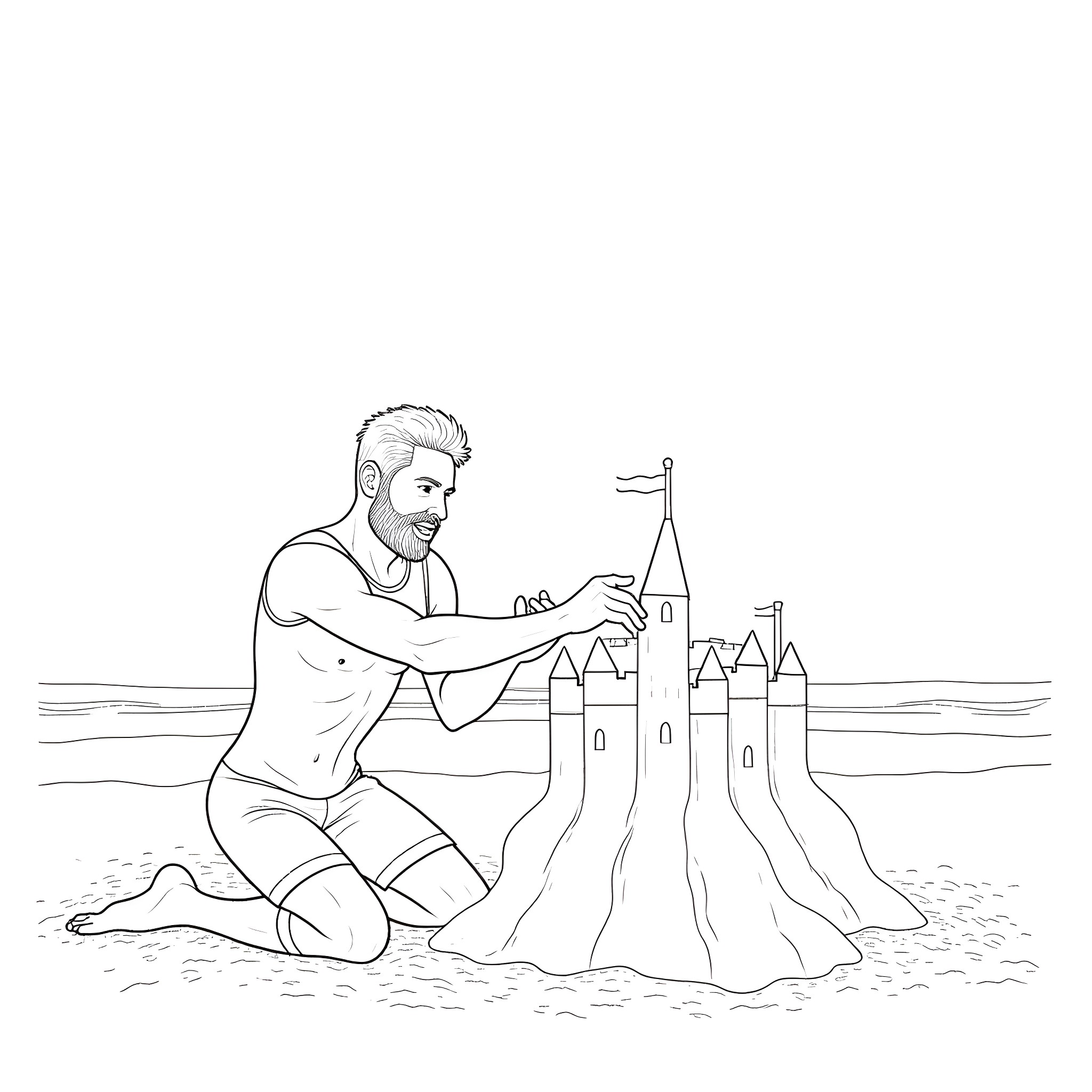 Man building a sand castle on the beach Coloring Page (free black-and-white line drawing printable PDF for all, from beginners to advanced learners, including children, teens, adults, and seniors)