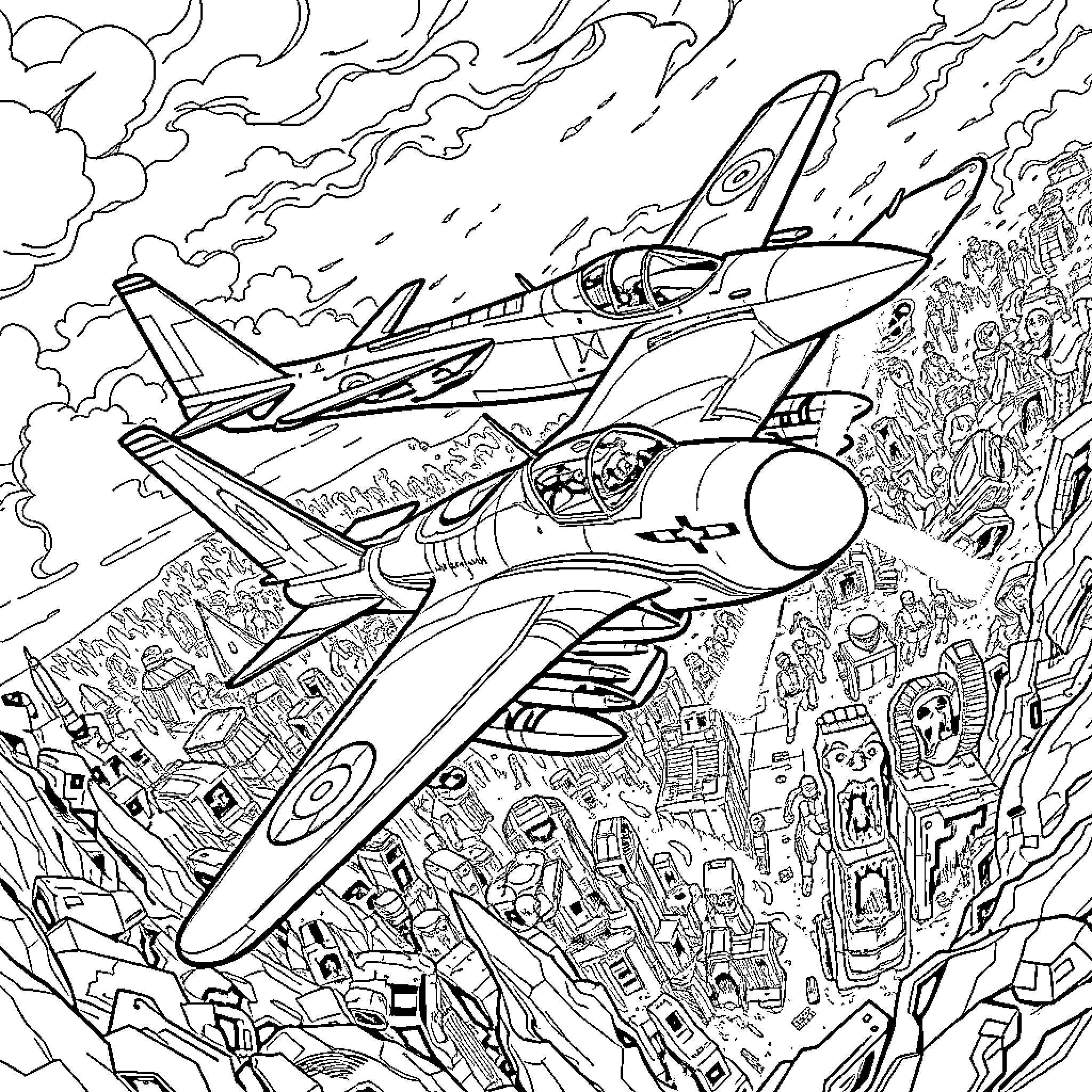 Fighter Jets Soaring Through Dramatic Skies Coloring Page (free black-and-white line drawing printable PDF for all, from beginners to advanced learners, including children, teens, adults, and seniors)