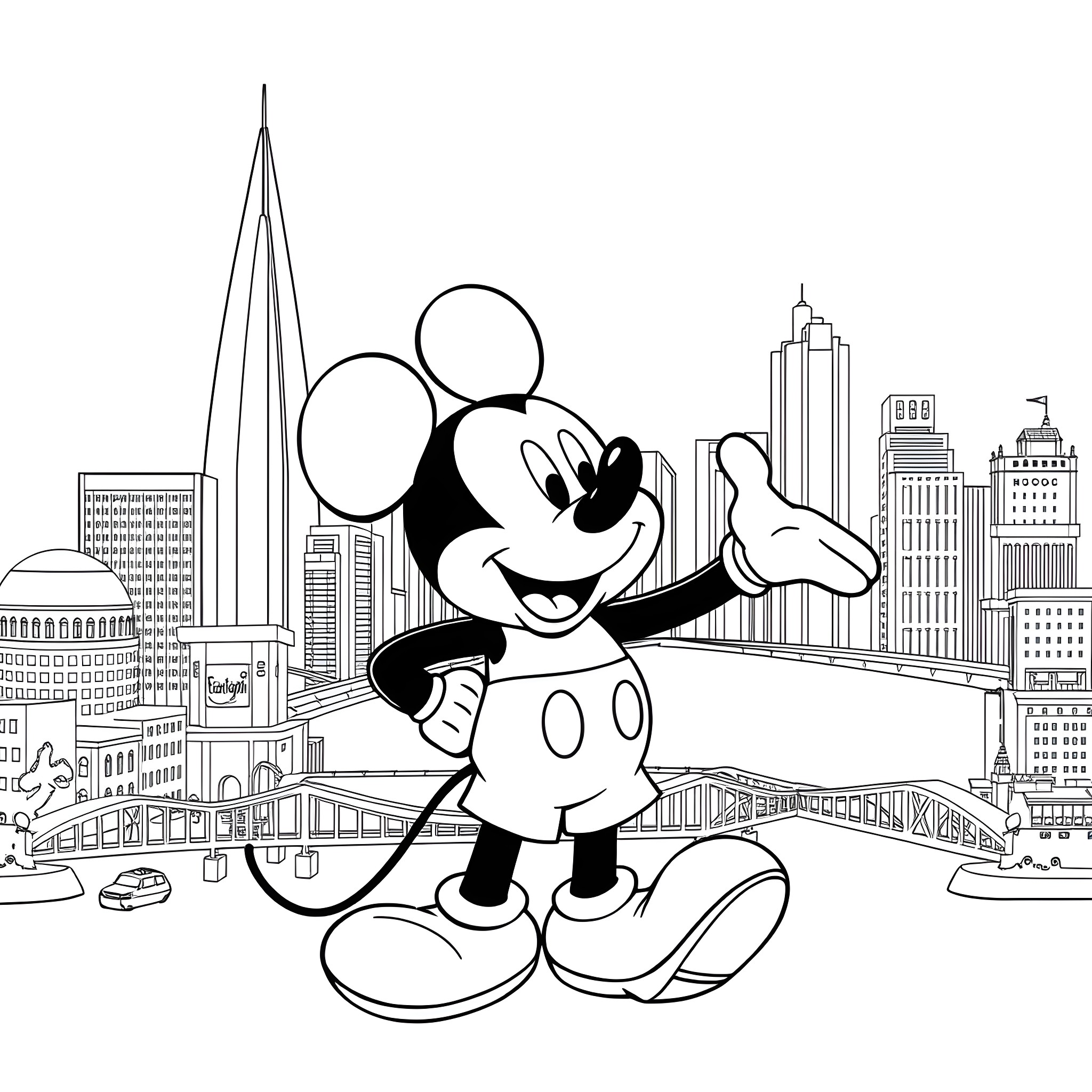 Mickey Mouse exploring the urban cityscape Coloring Page (free black-and-white line drawing printable PDF for all, from beginners to advanced learners, including children, teens, adults, and seniors)