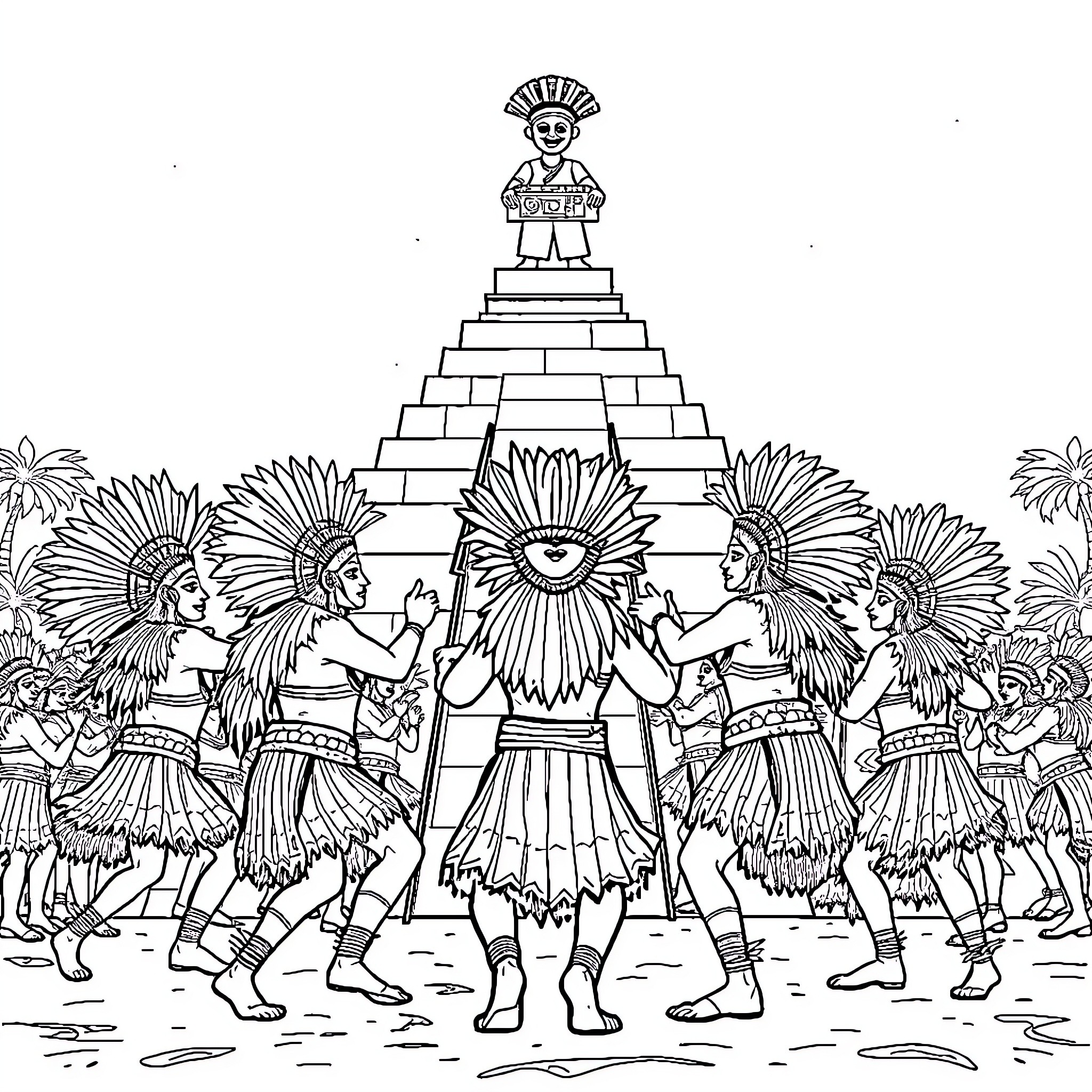 Mayan Warrior Leads Ritual Dance Before Pyramid Coloring Page (free black-and-white line drawing printable PDF for all, from beginners to advanced learners, including children, teens, adults, and seniors)