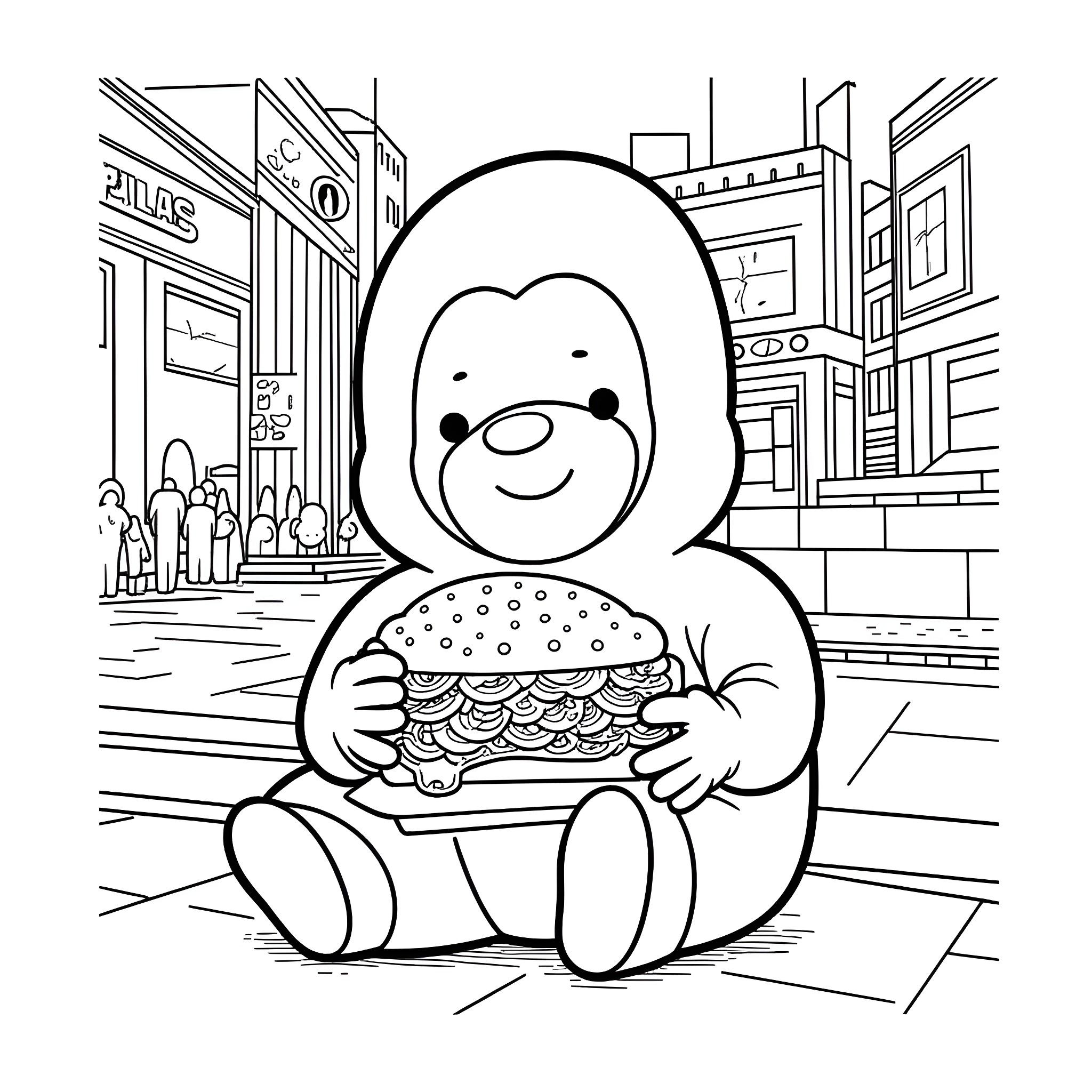 Baby Milo enjoying a delicious burger in the city Coloring Page (free black-and-white line drawing printable PDF for all, from beginners to advanced learners, including children, teens, adults, and seniors)
