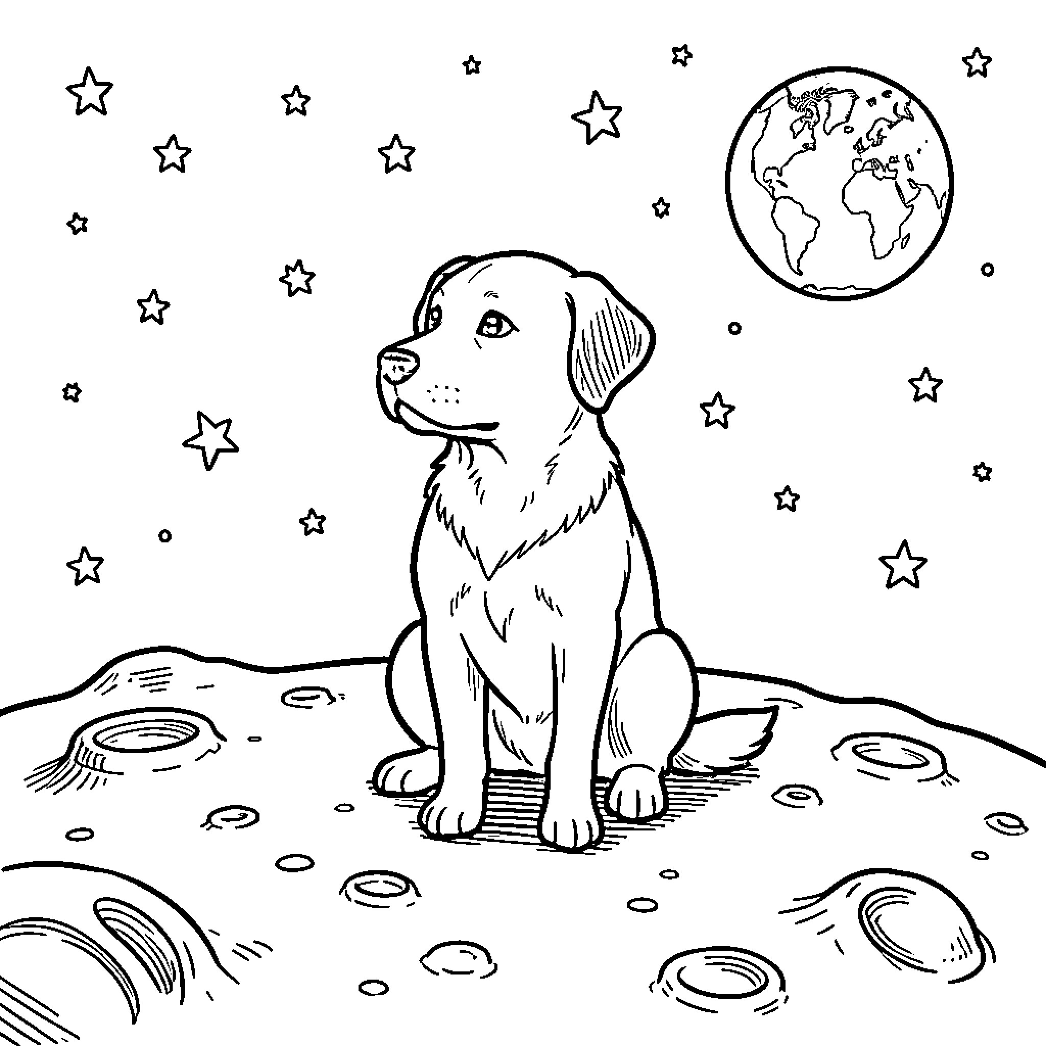 Dog sitting on the moon looking at Earth Coloring Page (free black-and-white line drawing printable PDF for all, from beginners to advanced learners, including children, teens, adults, and seniors)