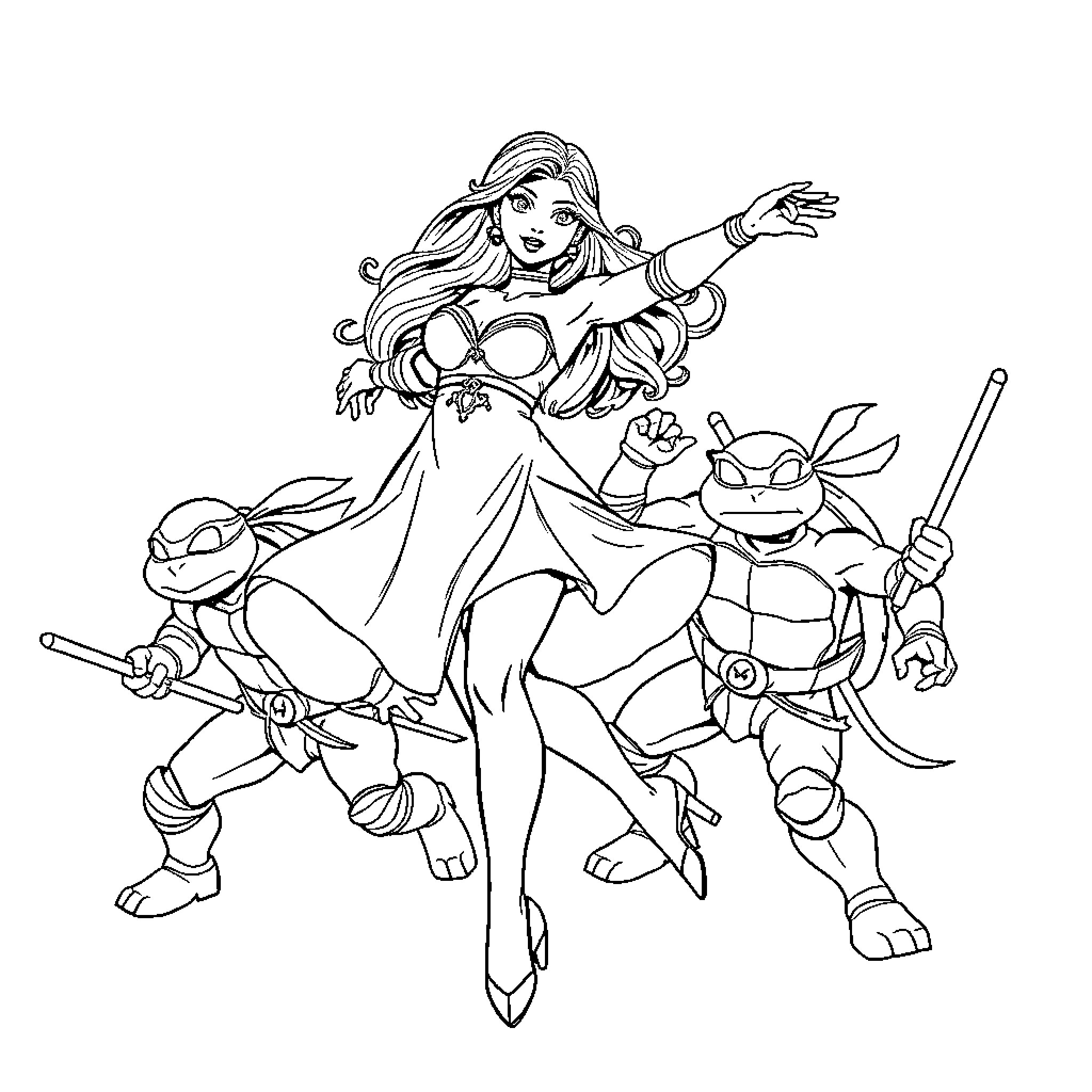 Esmerelda's Adventure with Costumed Companions Coloring Page (free black-and-white line drawing printable PDF for all, from beginners to advanced learners, including children, teens, adults, and seniors)