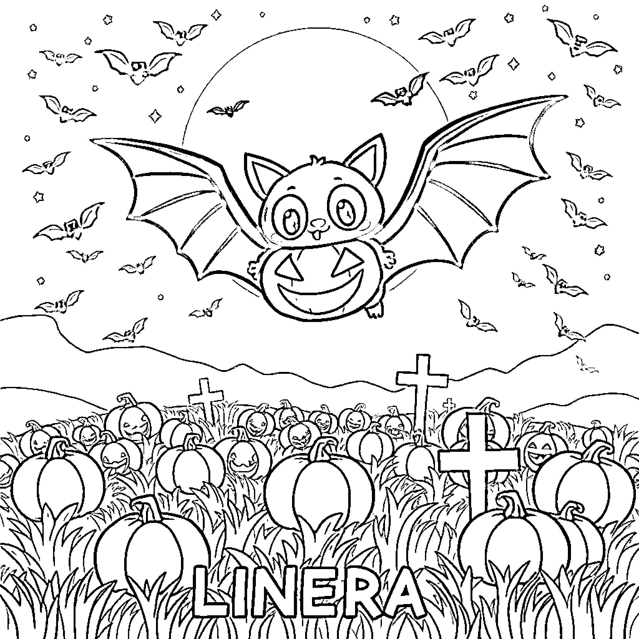 Bat flying happily over a spooky graveyard Coloring Page (free black-and-white line drawing printable PDF for all, from beginners to advanced learners, including children, teens, adults, and seniors)