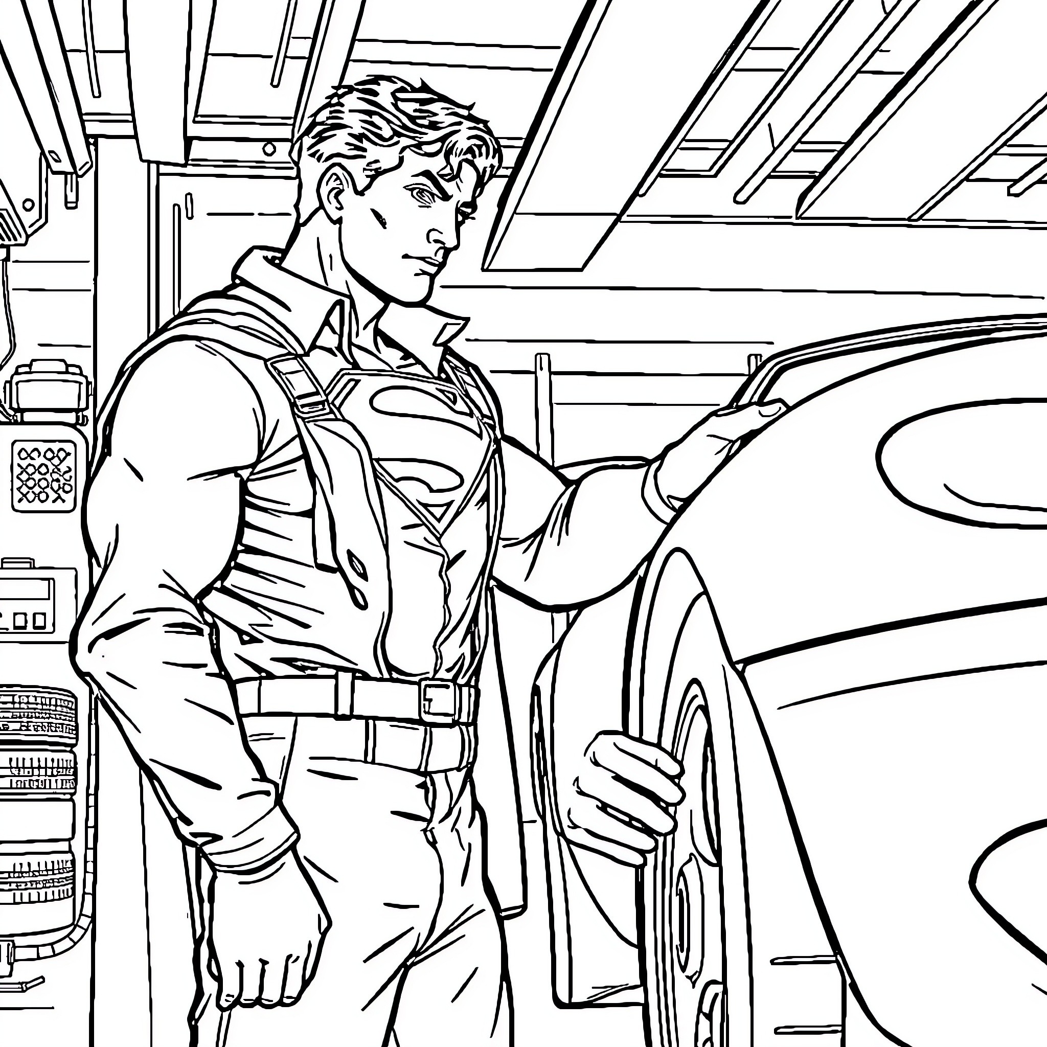 Superman in action in the city Coloring Page (free black-and-white line drawing printable PDF for all, from beginners to advanced learners, including children, teens, adults, and seniors)