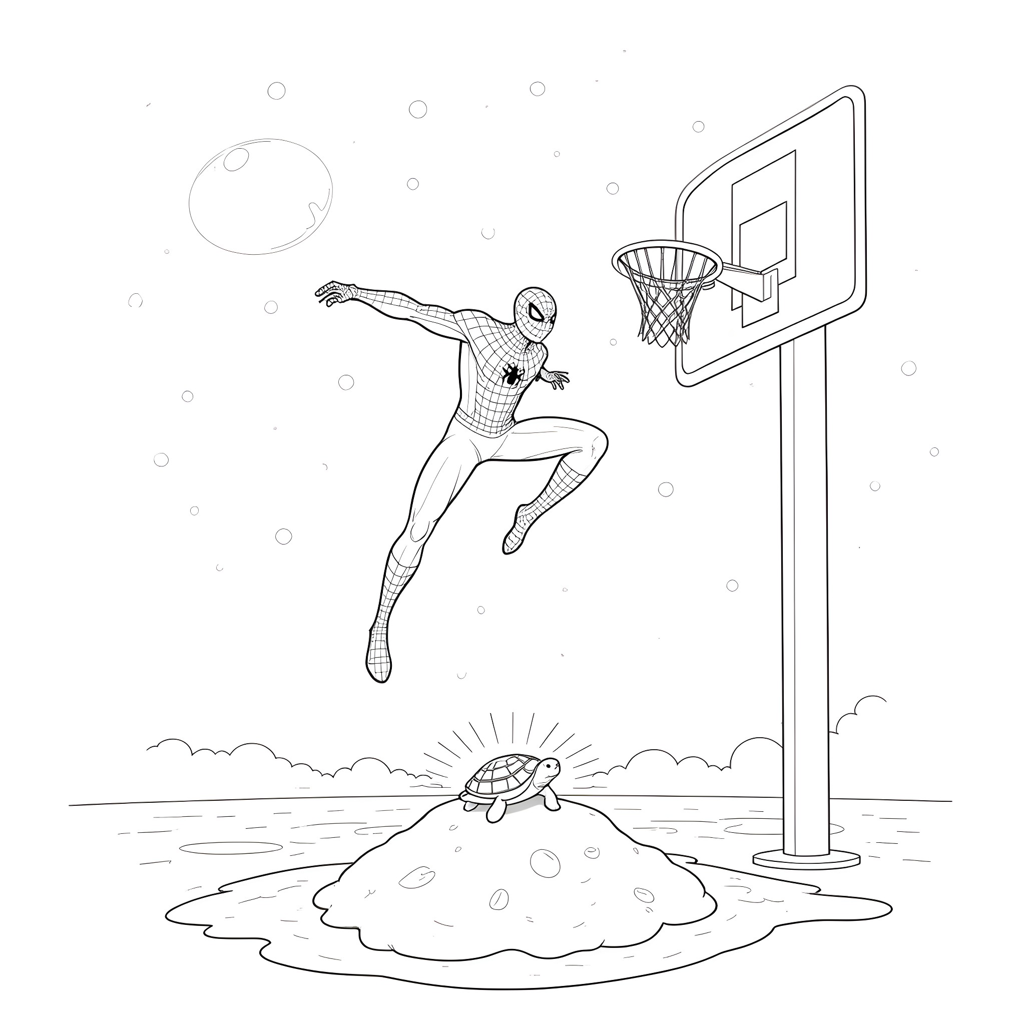 Spider-Man playing basketball in the snow Coloring Page (free black-and-white line drawing printable PDF for all, from beginners to advanced learners, including children, teens, adults, and seniors)