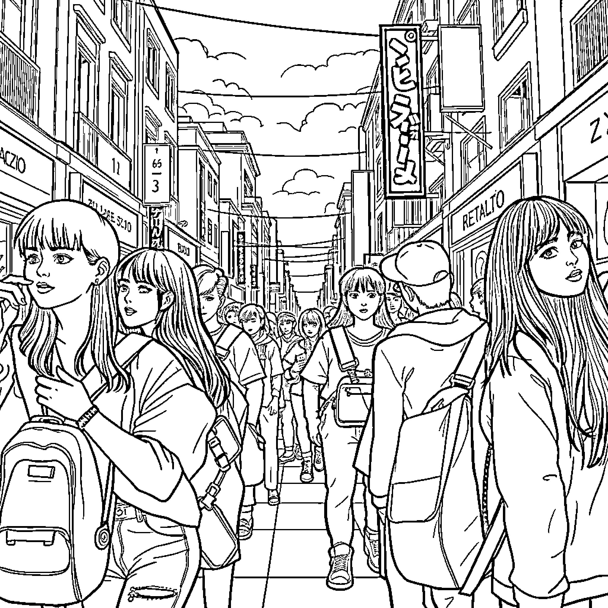 K-pop Hunter: Navigating the Bustling City Scene Coloring Page (free black-and-white line drawing printable PDF for all, from beginners to advanced learners, including children, teens, adults, and seniors)
