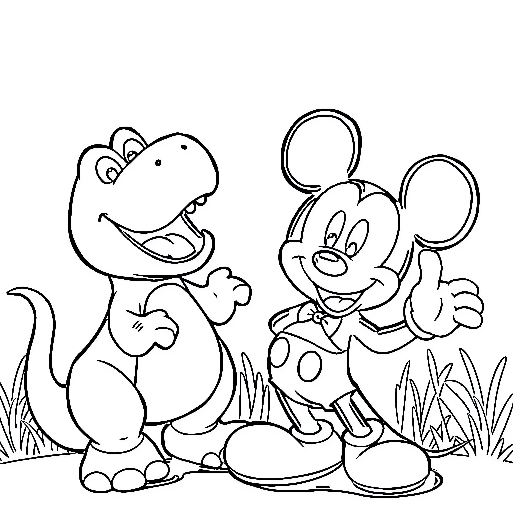 Bluey and Mickey Mouse Enjoy Outdoor Adventure Coloring Page (free black-and-white line drawing printable PDF for all, from beginners to advanced learners, including children, teens, adults, and seniors)
