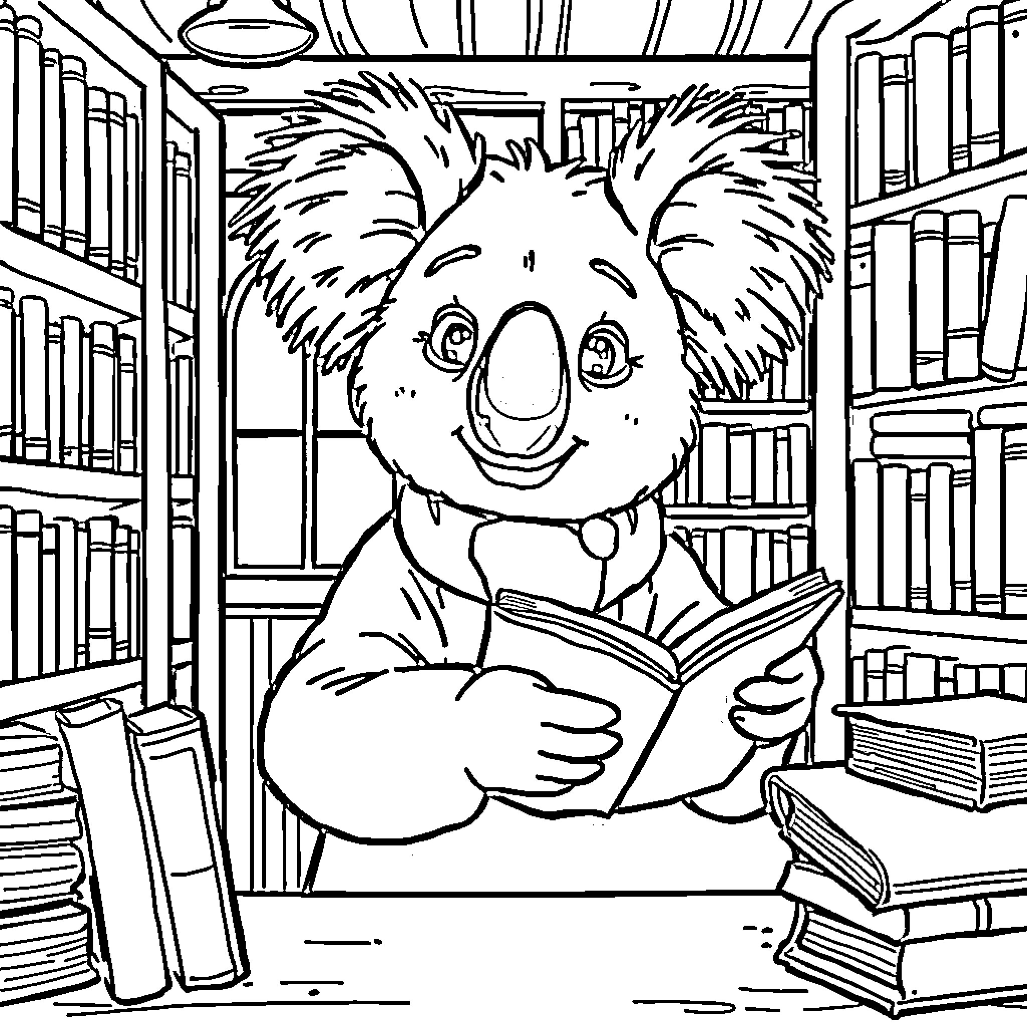 Koala reading happily in the library Coloring Page (free black-and-white line drawing printable PDF for all, from beginners to advanced learners, including children, teens, adults, and seniors)