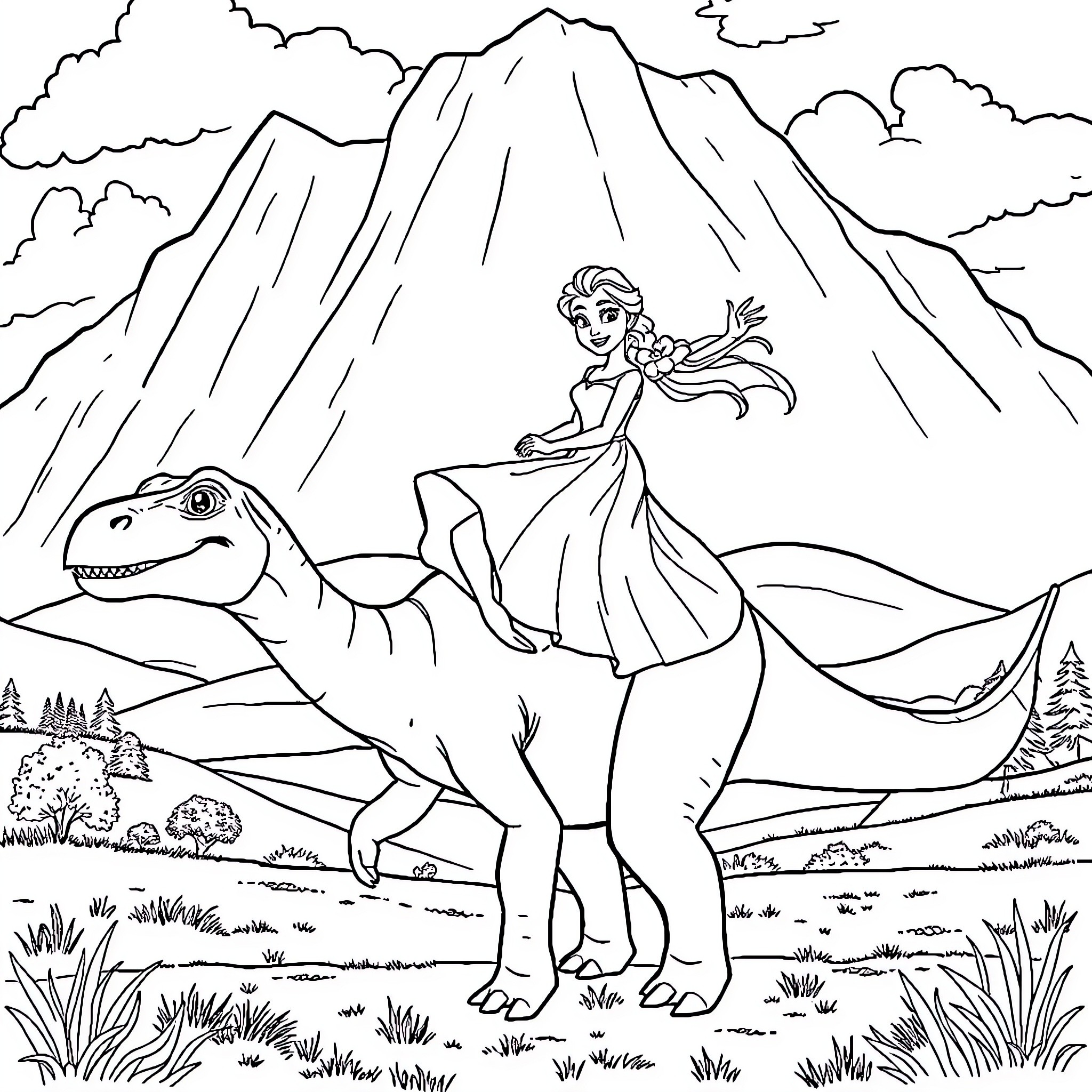Elsa riding a dinosaur in the mountains Coloring Page (free black-and-white line drawing printable PDF for all, from beginners to advanced learners, including children, teens, adults, and seniors)