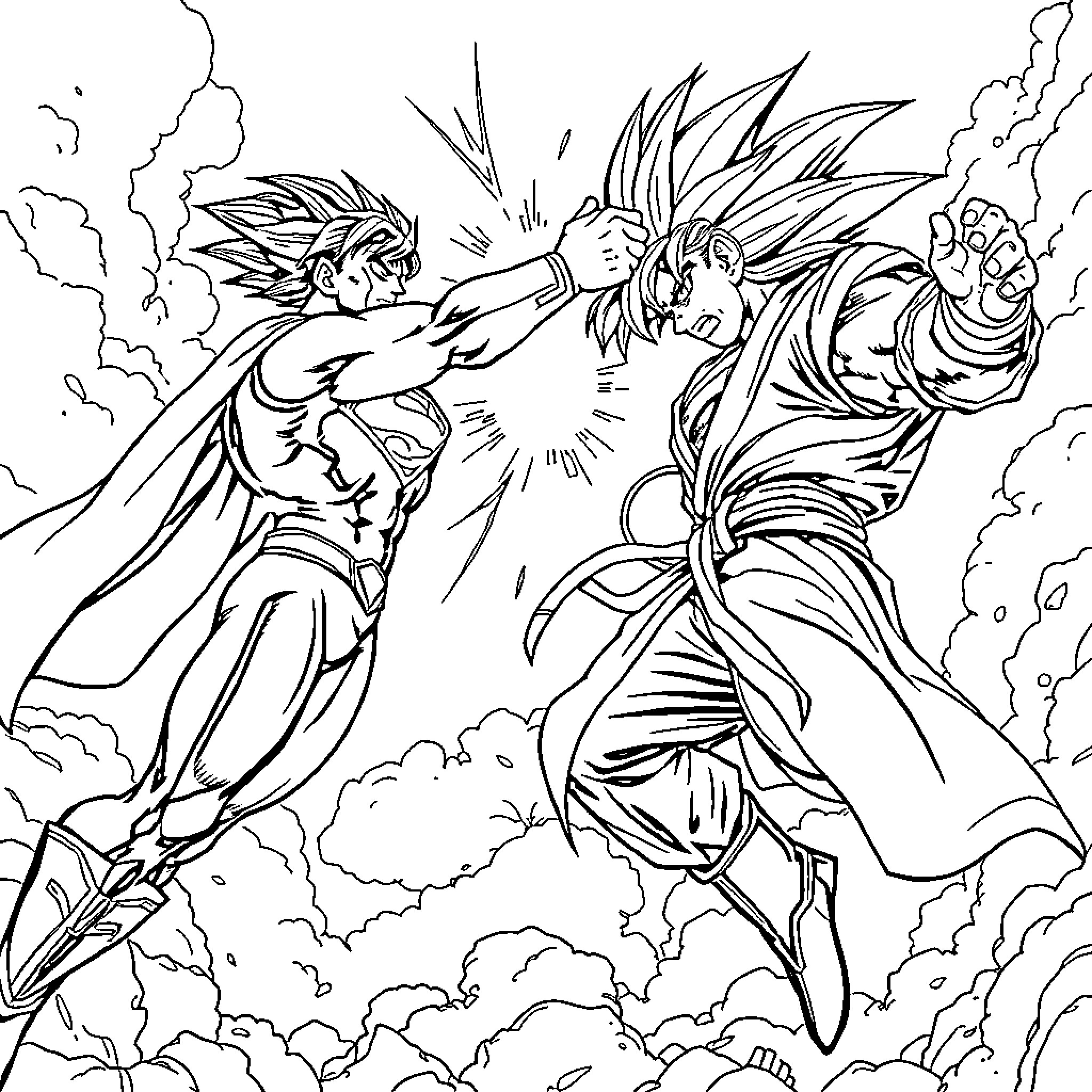 Superhero characters battling with intense expressions Coloring Page (free black-and-white line drawing printable PDF for all, from beginners to advanced learners, including children, teens, adults, and seniors)