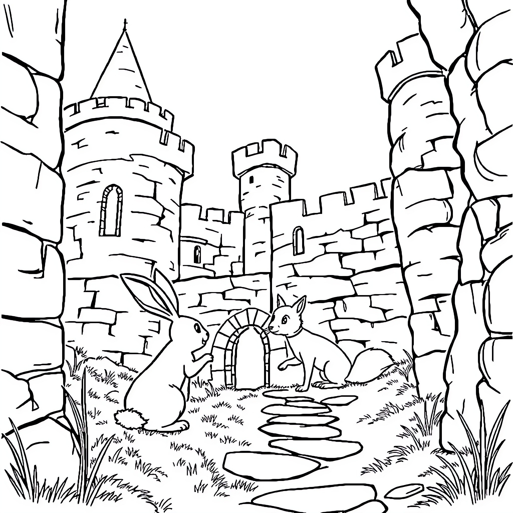 Rabbit explores castle ruins in enchanting forest Coloring Page (free black-and-white line drawing printable PDF for all, from beginners to advanced learners, including children, teens, adults, and seniors)