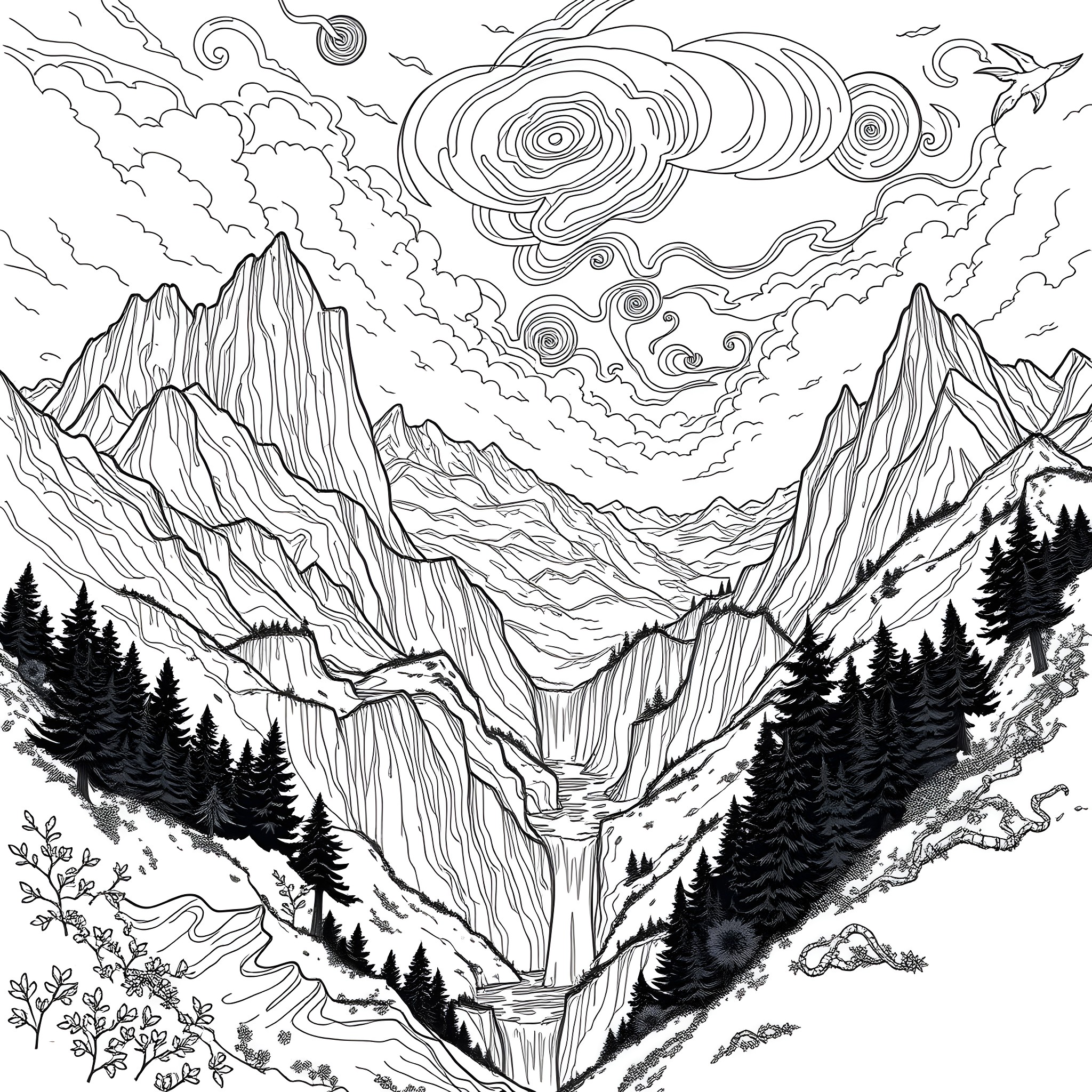 Nature's Majestic Mountain Landscape Coloring Page (free black-and-white line drawing printable PDF for all, from beginners to advanced learners, including children, teens, adults, and seniors)