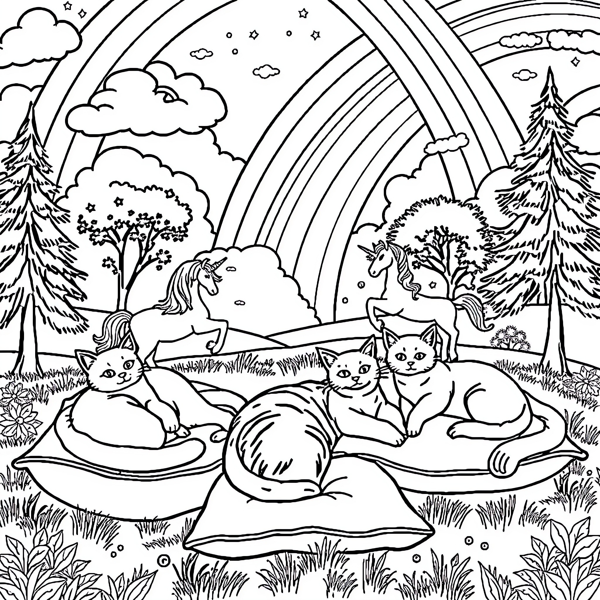 Cat and friends enjoying a magical forest scene Coloring Page (free black-and-white line drawing printable PDF for all, from beginners to advanced learners, including children, teens, adults, and seniors)