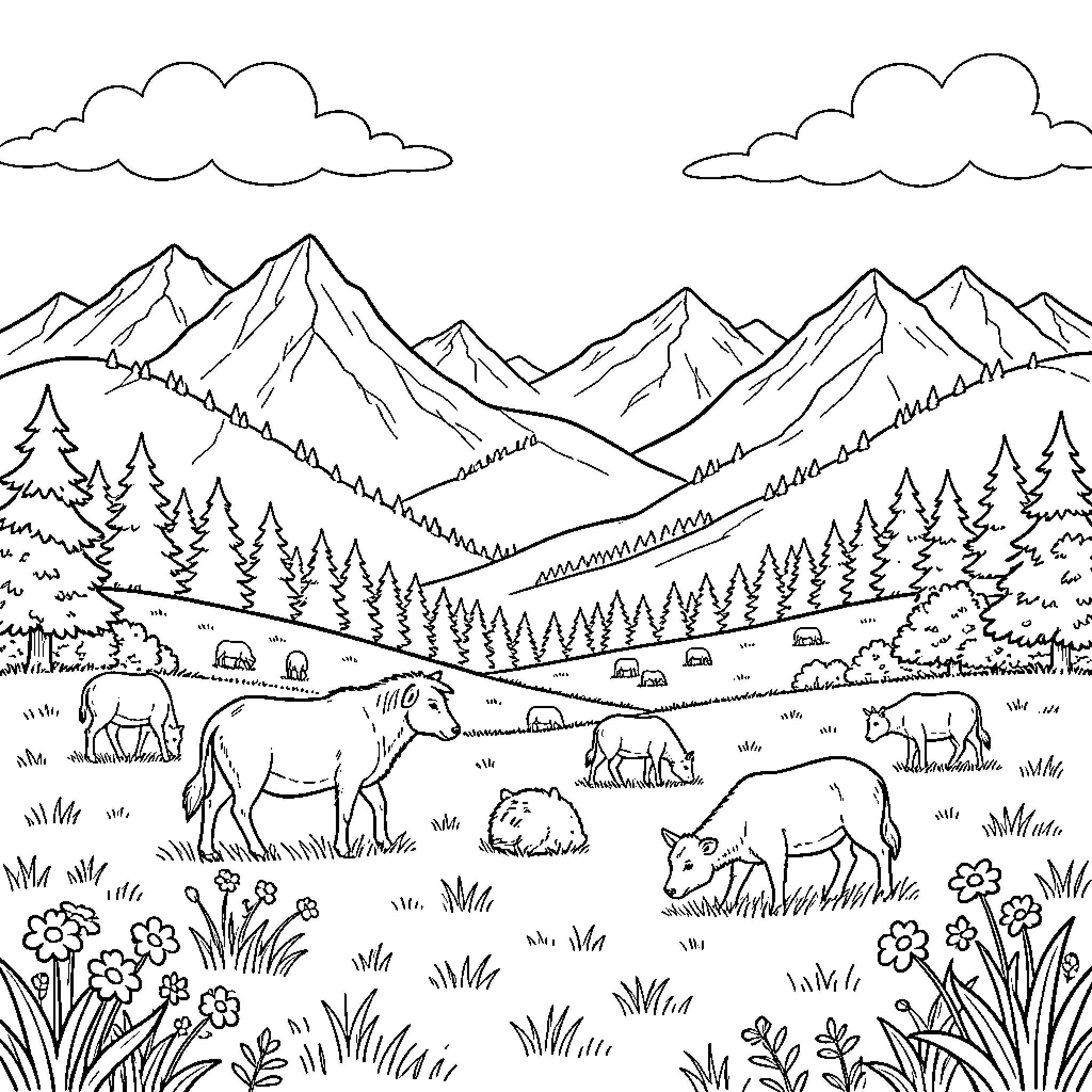 Mountain landscape with animals grazing in a meadow Coloring Page (free black-and-white line drawing printable PDF for all, from beginners to advanced learners, including children, teens, adults, and seniors)