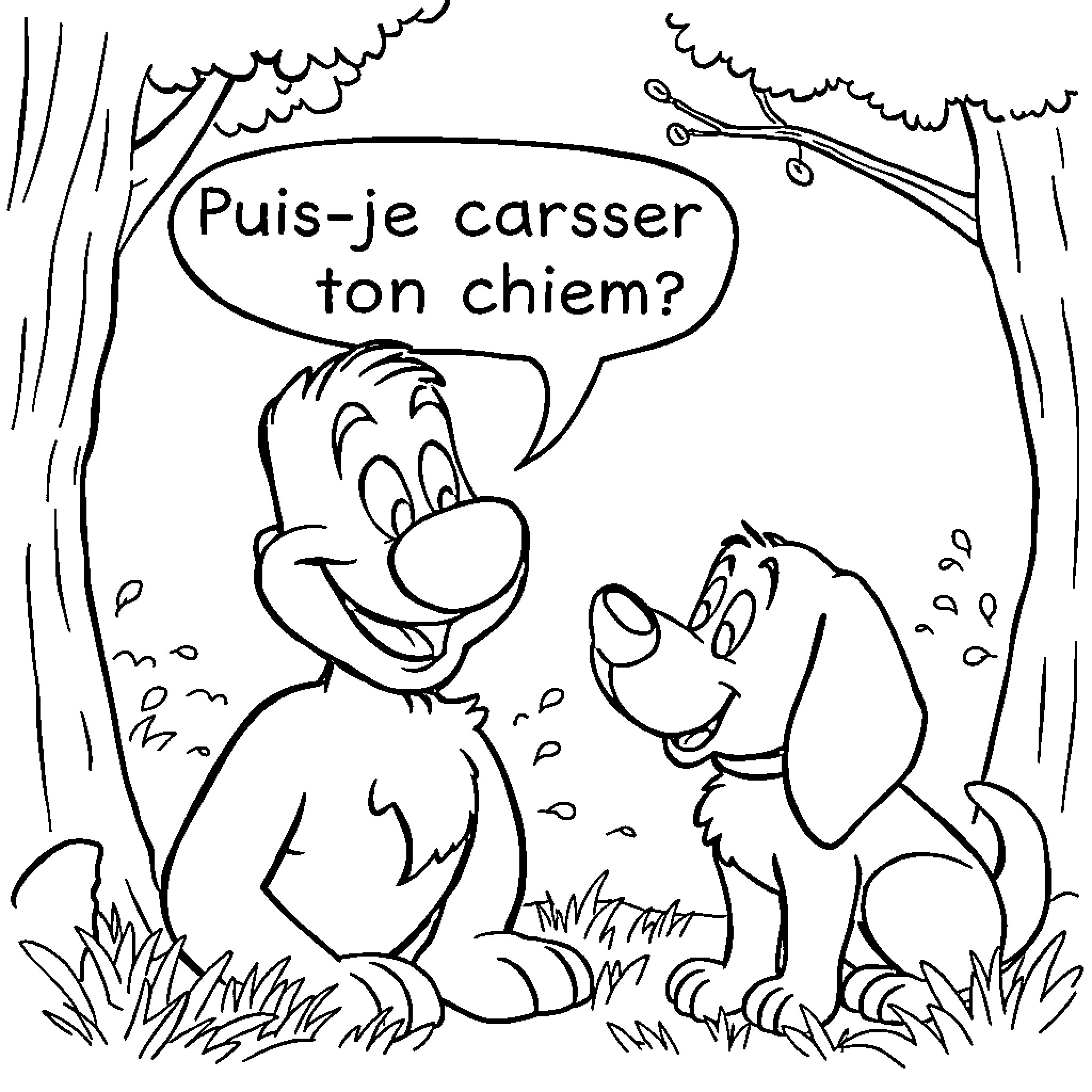 Alf invites dog to play in the woods Coloring Page (free black-and-white line drawing printable PDF for all, from beginners to advanced learners, including children, teens, adults, and seniors)