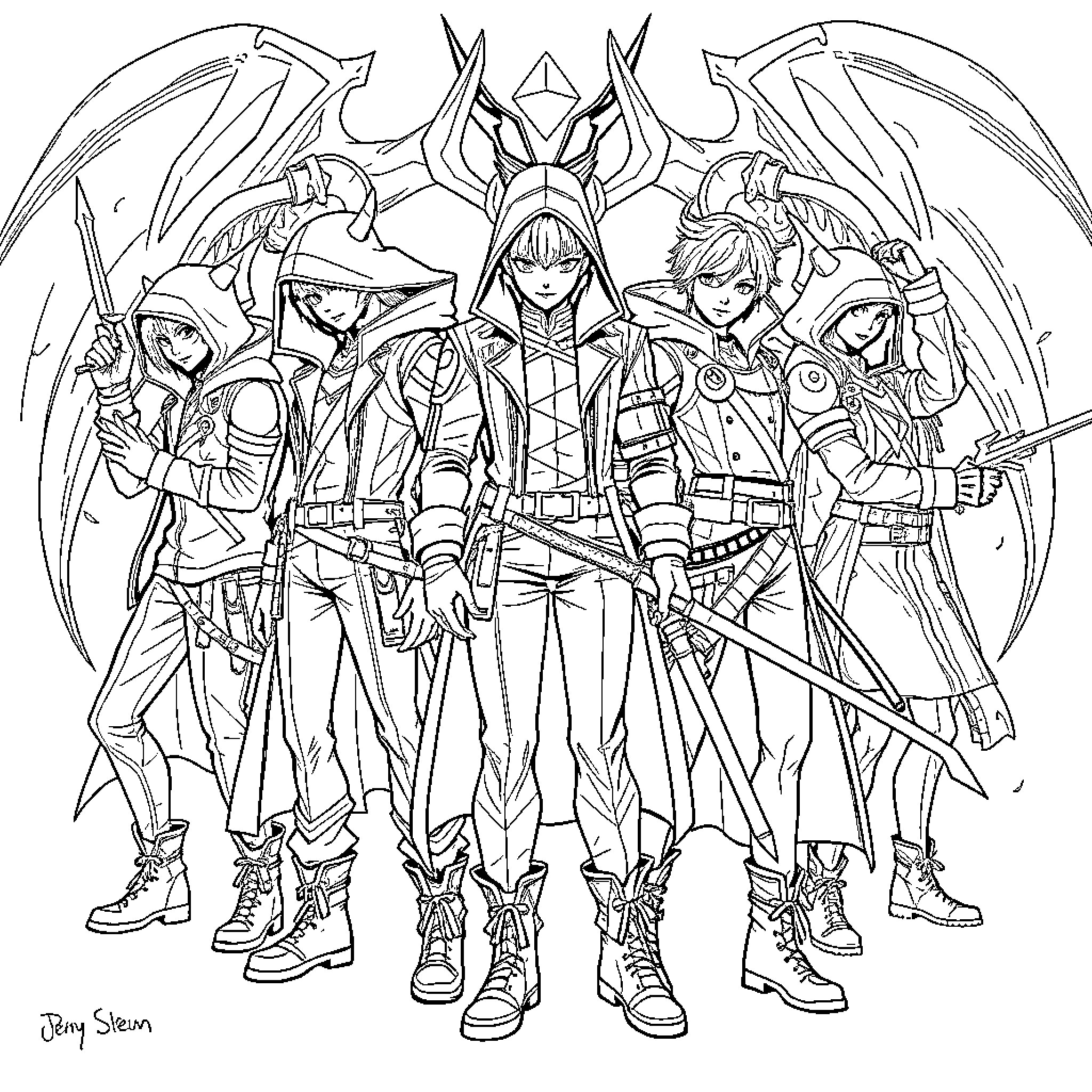 Demon Hunters in Heroic Pose Coloring Page (free black-and-white line drawing printable PDF for all, from beginners to advanced learners, including children, teens, adults, and seniors)