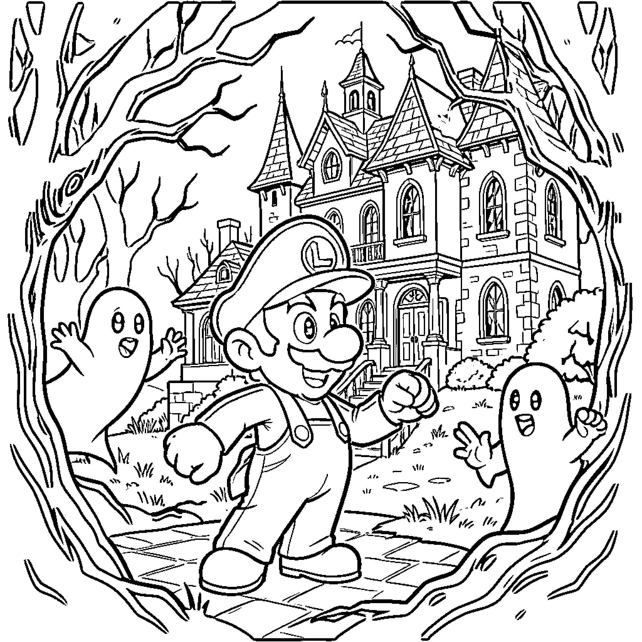 Luigi walking bravely past a haunted mansion with ghosts Coloring Page (free black-and-white line drawing printable PDF for all, from beginners to advanced learners, including children, teens, adults, and seniors)