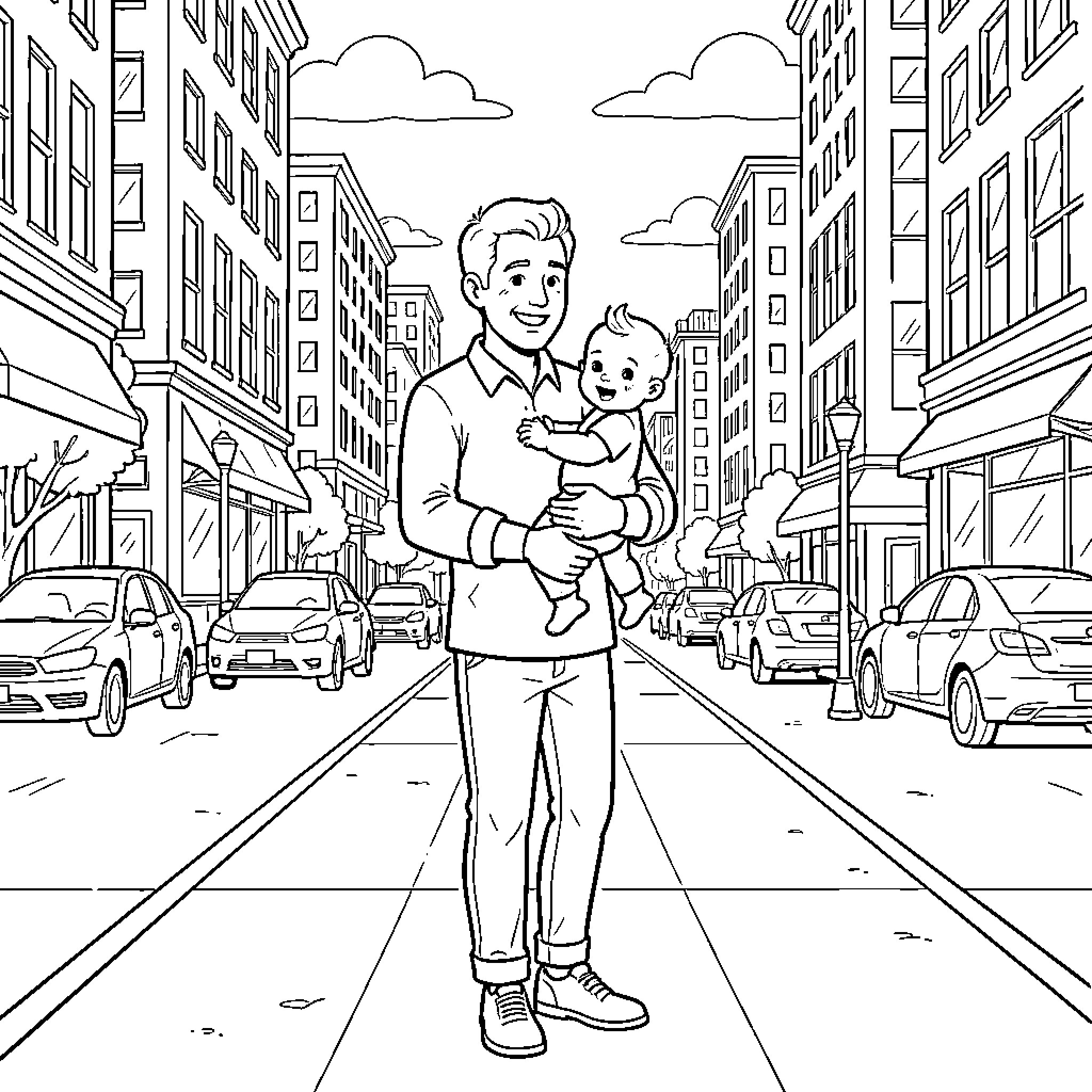 Monitor a smiling man carrying a happy baby Coloring Page (free black-and-white line drawing printable PDF for all, from beginners to advanced learners, including children, teens, adults, and seniors)
