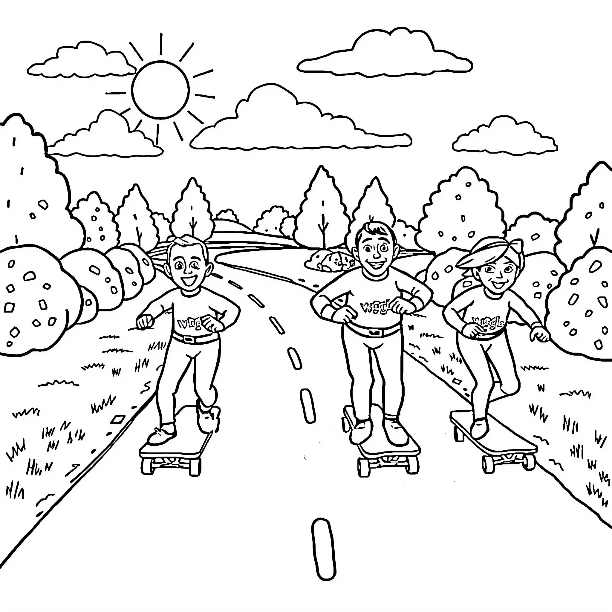 Wiggle and skate through the outdoor scene Coloring Page (free black-and-white line drawing printable PDF for all, from beginners to advanced learners, including children, teens, adults, and seniors)