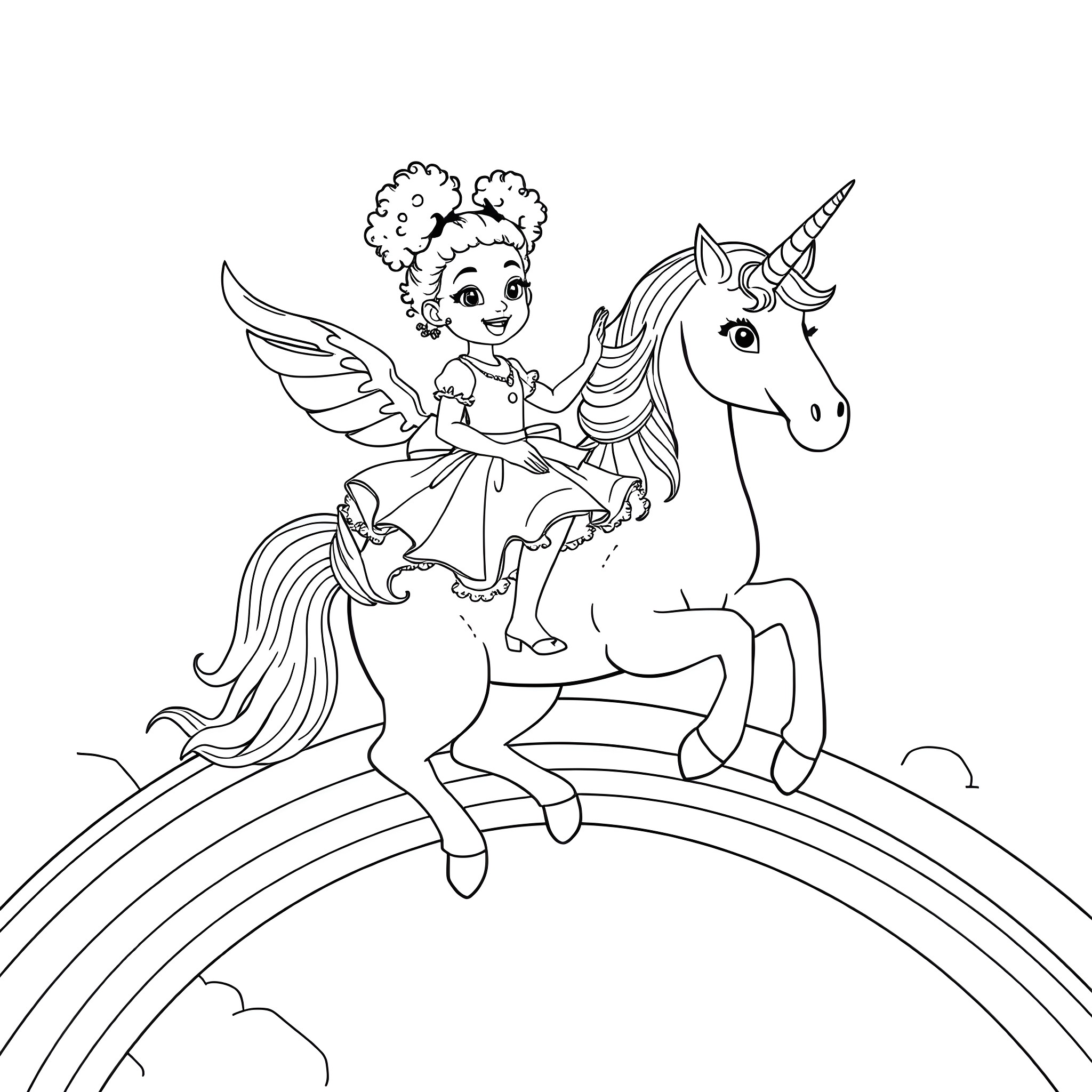 Girl riding magical unicorn with wings Coloring Page (free black-and-white line drawing printable PDF for all, from beginners to advanced learners, including children, teens, adults, and seniors)