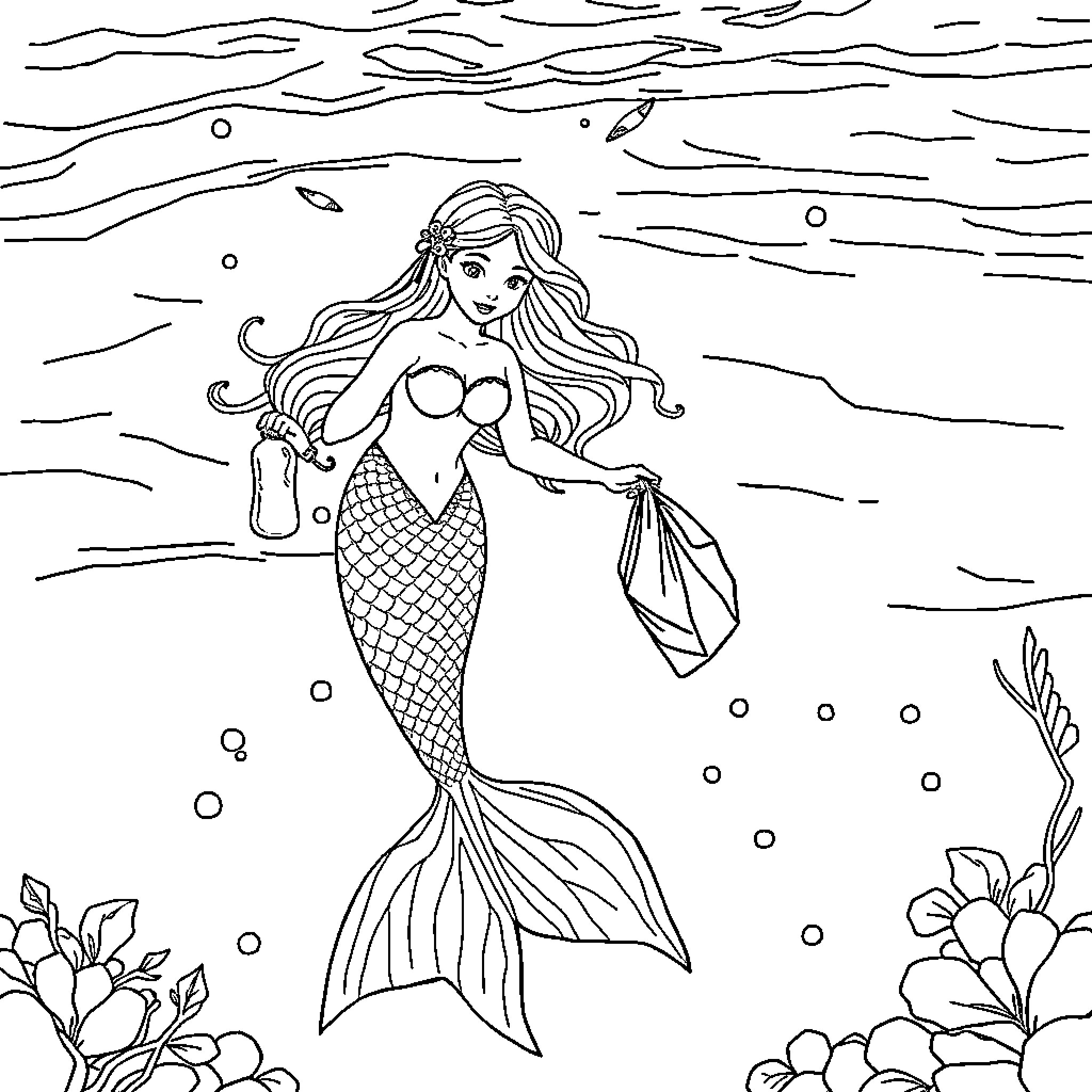 Mermaid exploring the underwater world Coloring Page (free black-and-white line drawing printable PDF for all, from beginners to advanced learners, including children, teens, adults, and seniors)