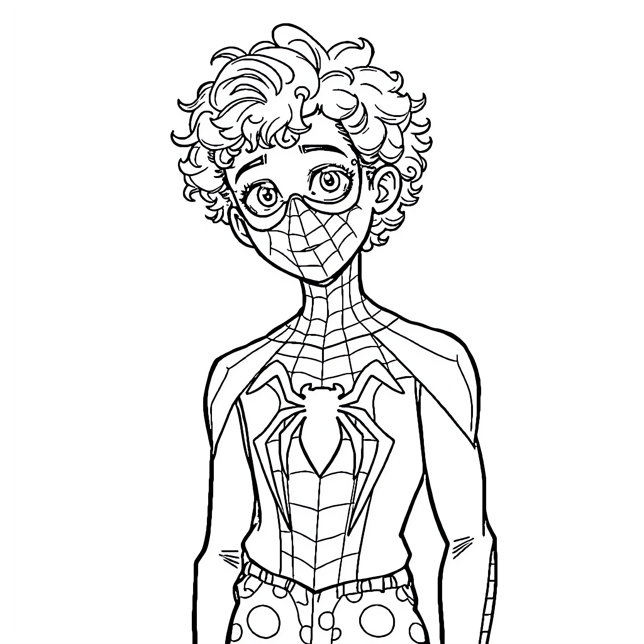 Spider-Man Smiling in Costume Coloring Page (free black-and-white line drawing printable PDF for all, from beginners to advanced learners, including children, teens, adults, and seniors)