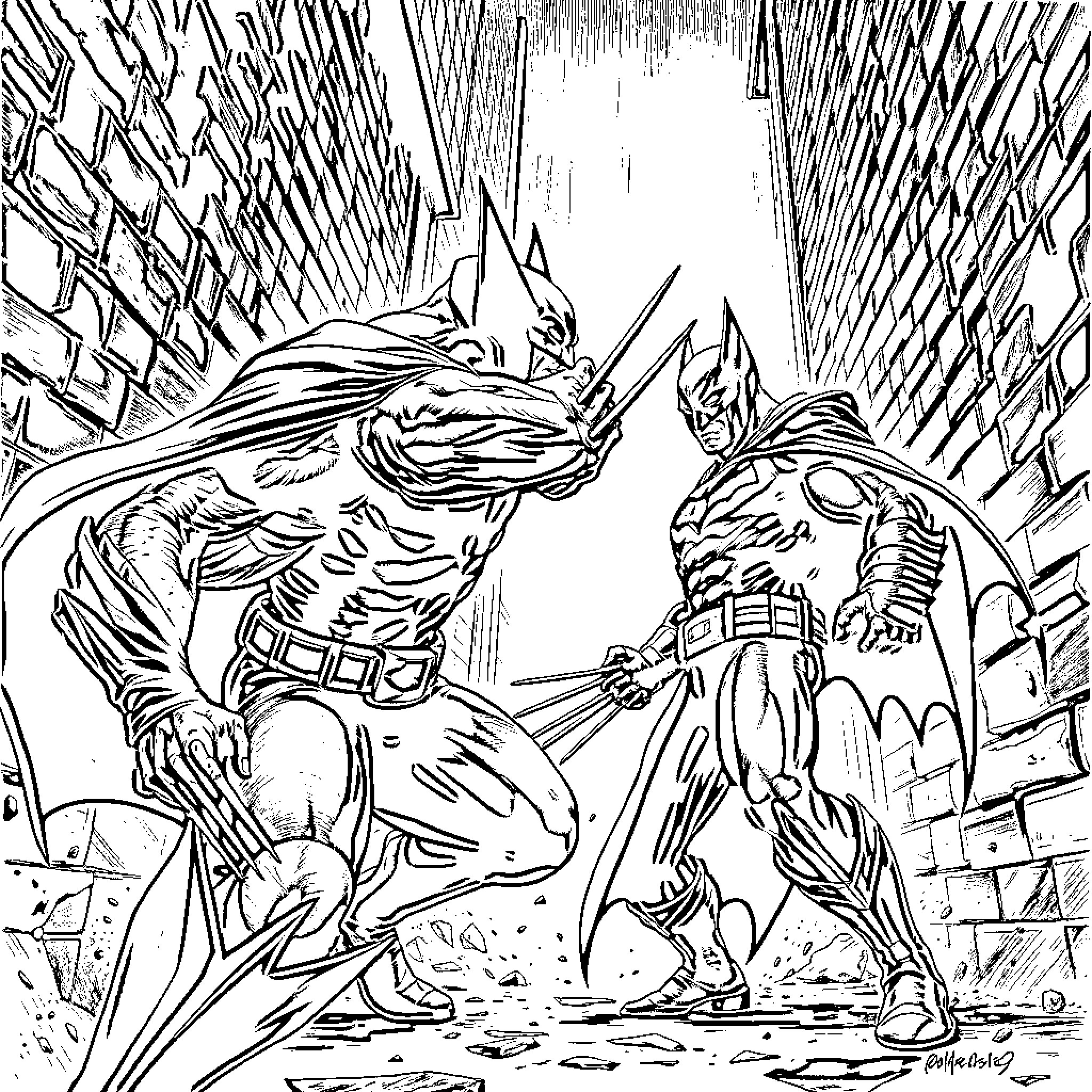 Wolverine and Batman in a fierce battle Coloring Page (free black-and-white line drawing printable PDF for all, from beginners to advanced learners, including children, teens, adults, and seniors)