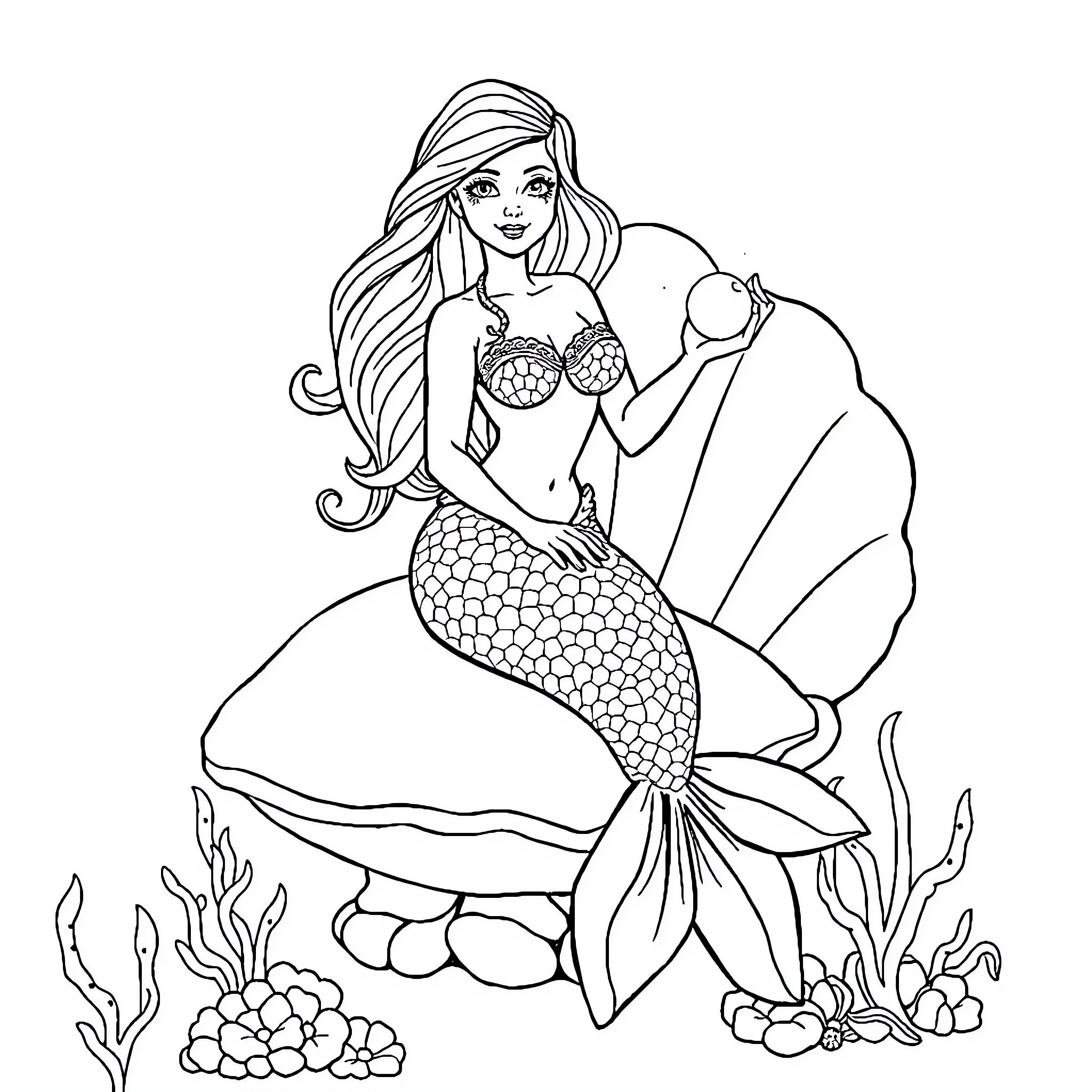 Mermaid relaxing amidst underwater flora Coloring Page (free black-and-white line drawing printable PDF for all, from beginners to advanced learners, including children, teens, adults, and seniors)
