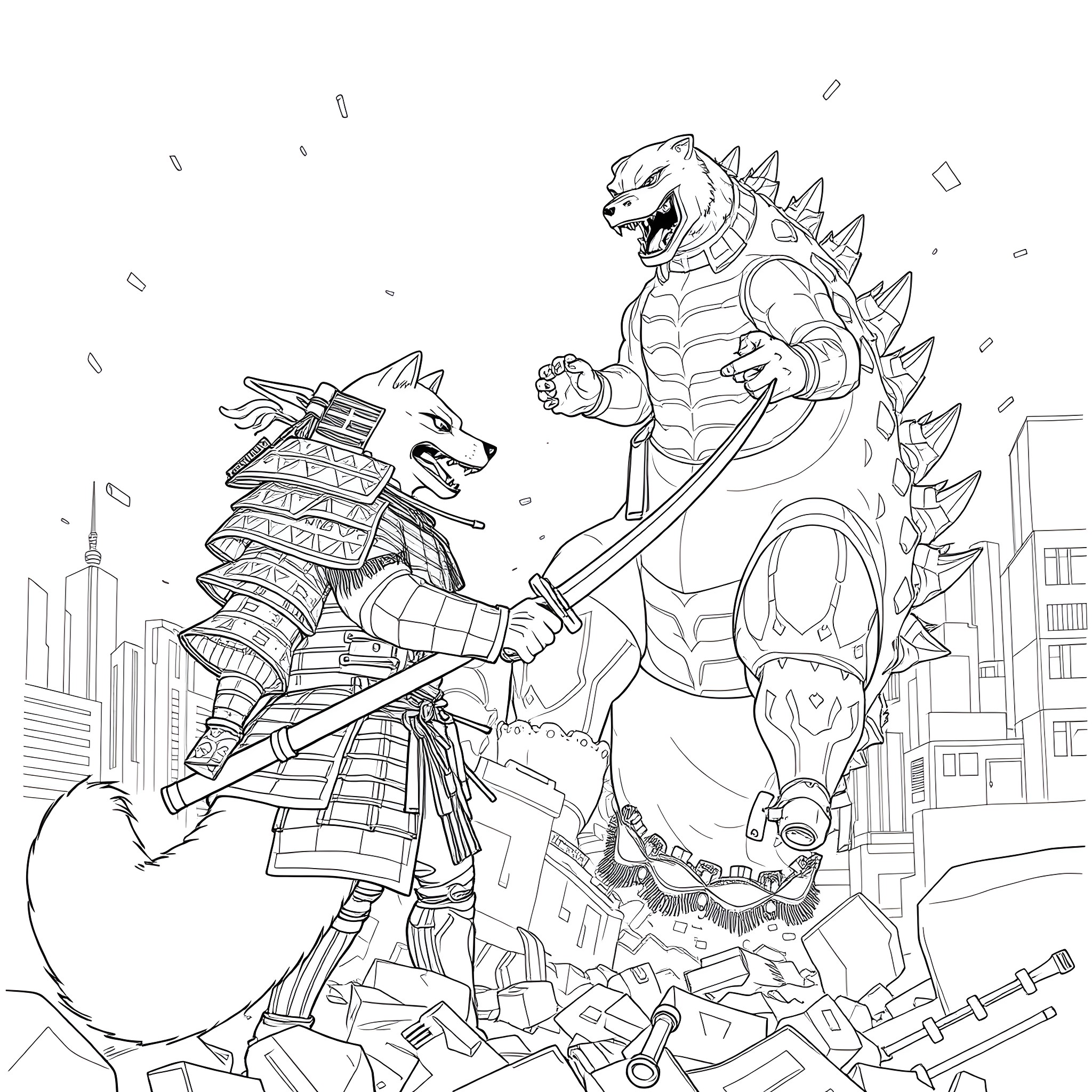 Shiba Inu Samurai Battles Giant Monster in City Coloring Page (free black-and-white line drawing printable PDF for all, from beginners to advanced learners, including children, teens, adults, and seniors)