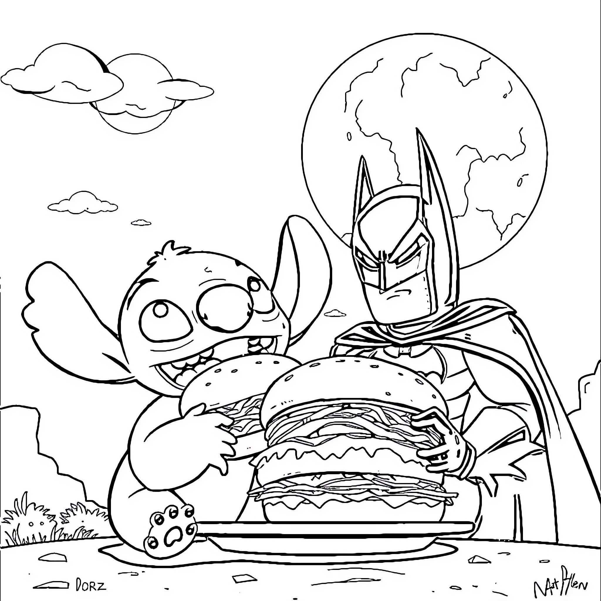 Stitch enjoys a giant burger with Batman Coloring Page (free black-and-white line drawing printable PDF for all, from beginners to advanced learners, including children, teens, adults, and seniors)