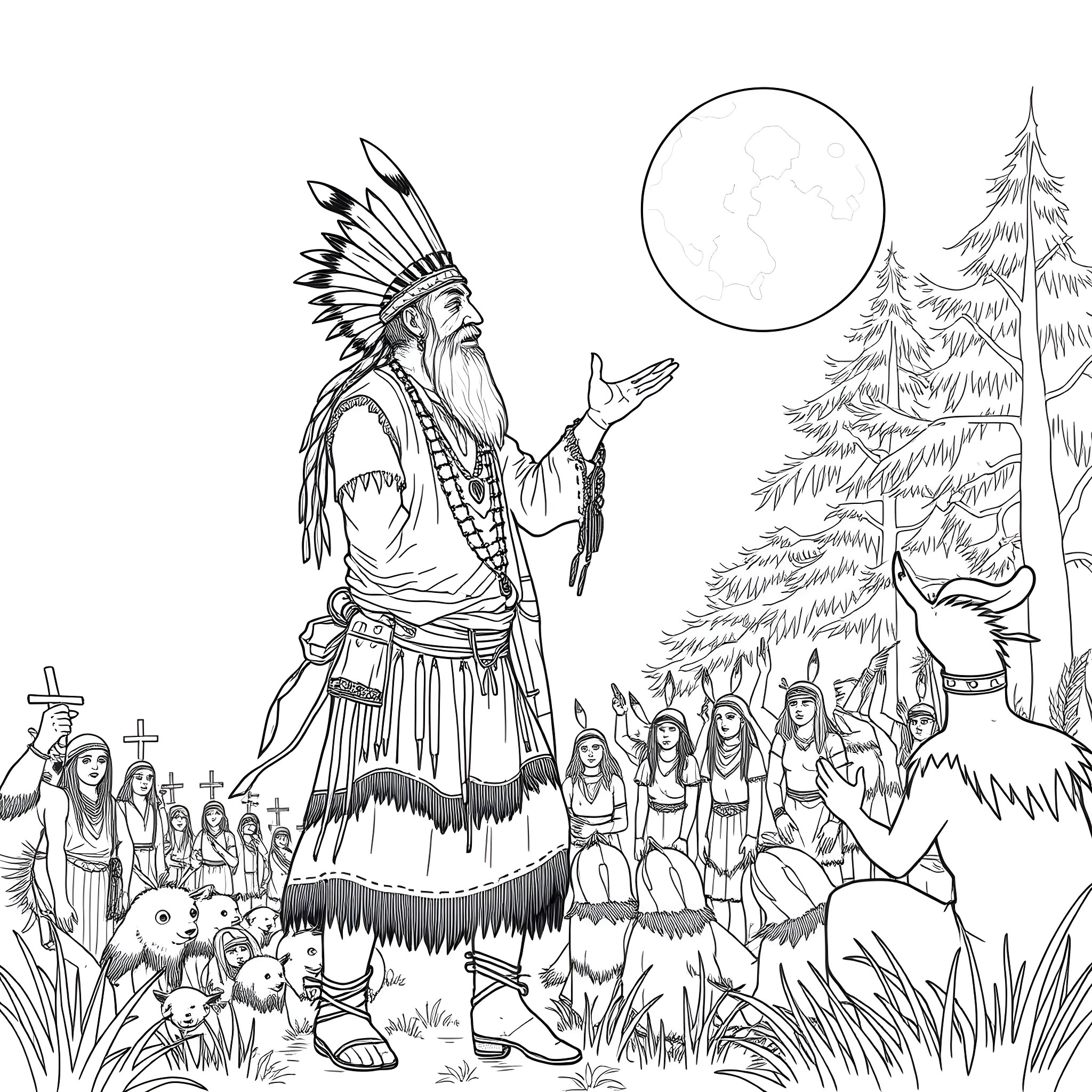 Elder leads tribal gathering in nature Coloring Page (free black-and-white line drawing printable PDF for all, from beginners to advanced learners, including children, teens, adults, and seniors)