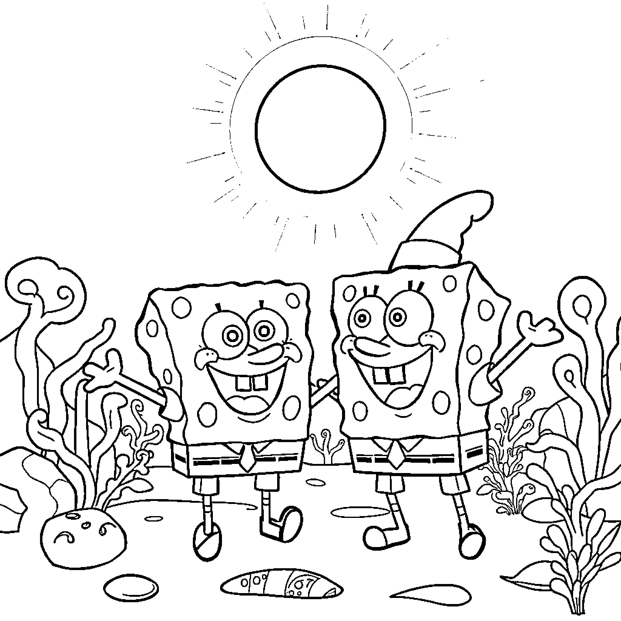 Spongebob and Patrick having a fun adventure Coloring Page (free black-and-white line drawing printable PDF for all, from beginners to advanced learners, including children, teens, adults, and seniors)
