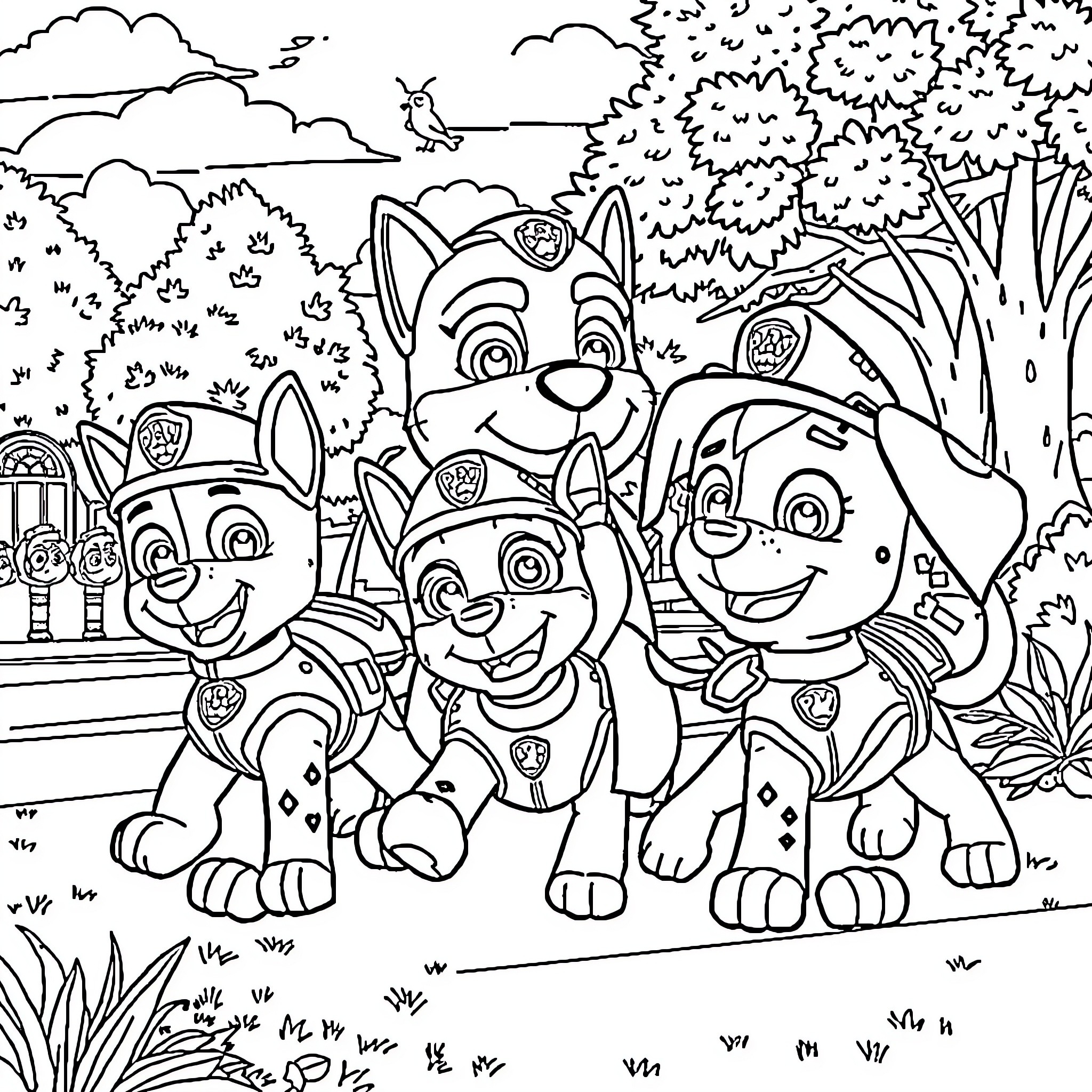 Paw Patrol pups exploring the forest landscape Coloring Page (free black-and-white line drawing printable PDF for all, from beginners to advanced learners, including children, teens, adults, and seniors)