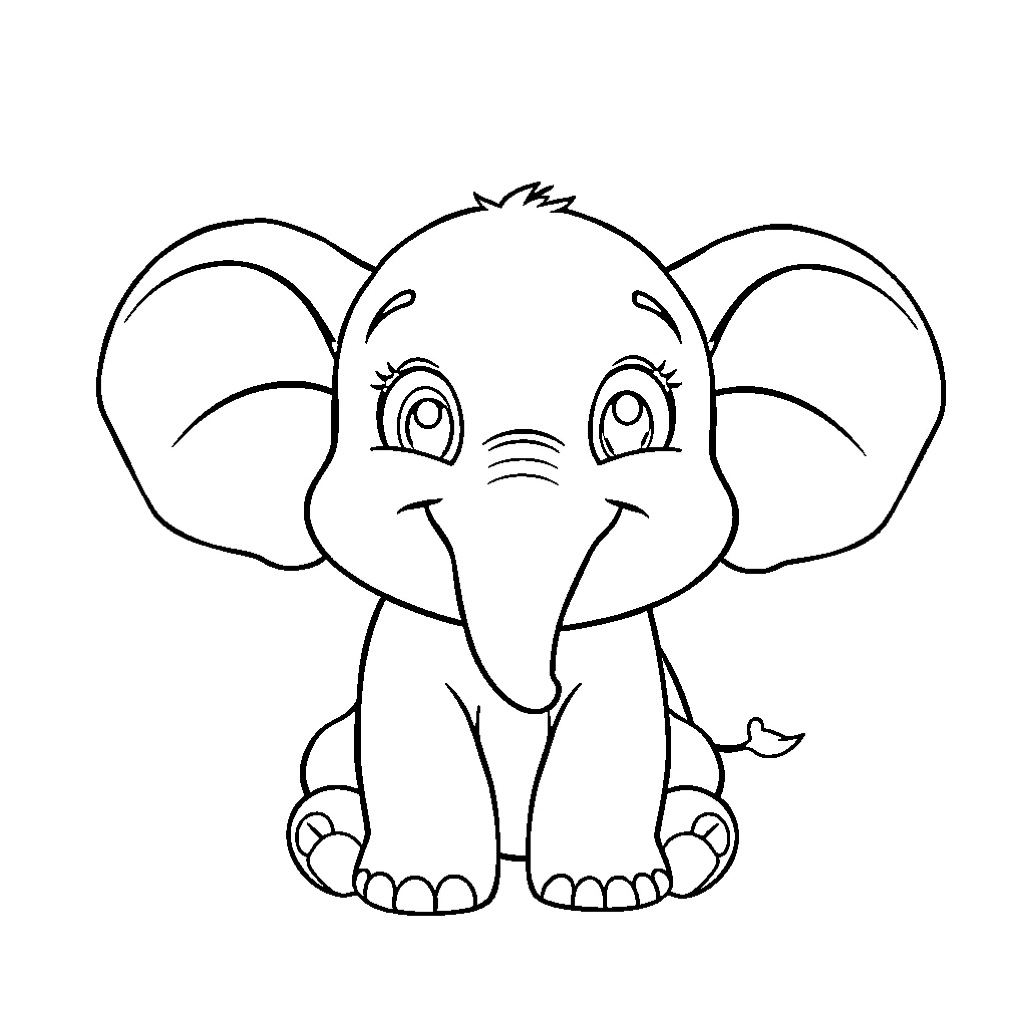 Baby Elephant with a Cheerful Expression Coloring Page (free black-and-white line drawing printable PDF for all, from beginners to advanced learners, including children, teens, adults, and seniors)