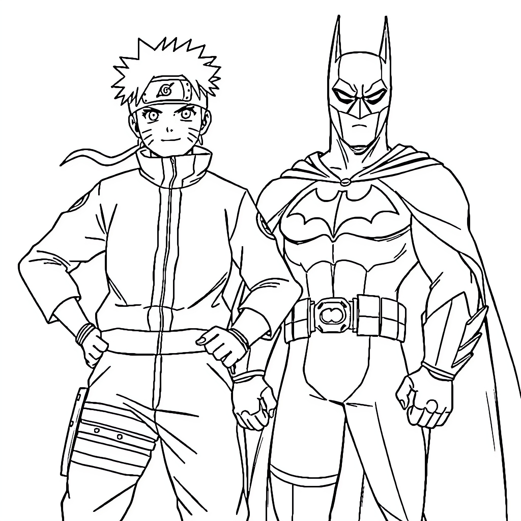 Naruto and Batman in heroic poses Coloring Page (free black-and-white line drawing printable PDF for all, from beginners to advanced learners, including children, teens, adults, and seniors)