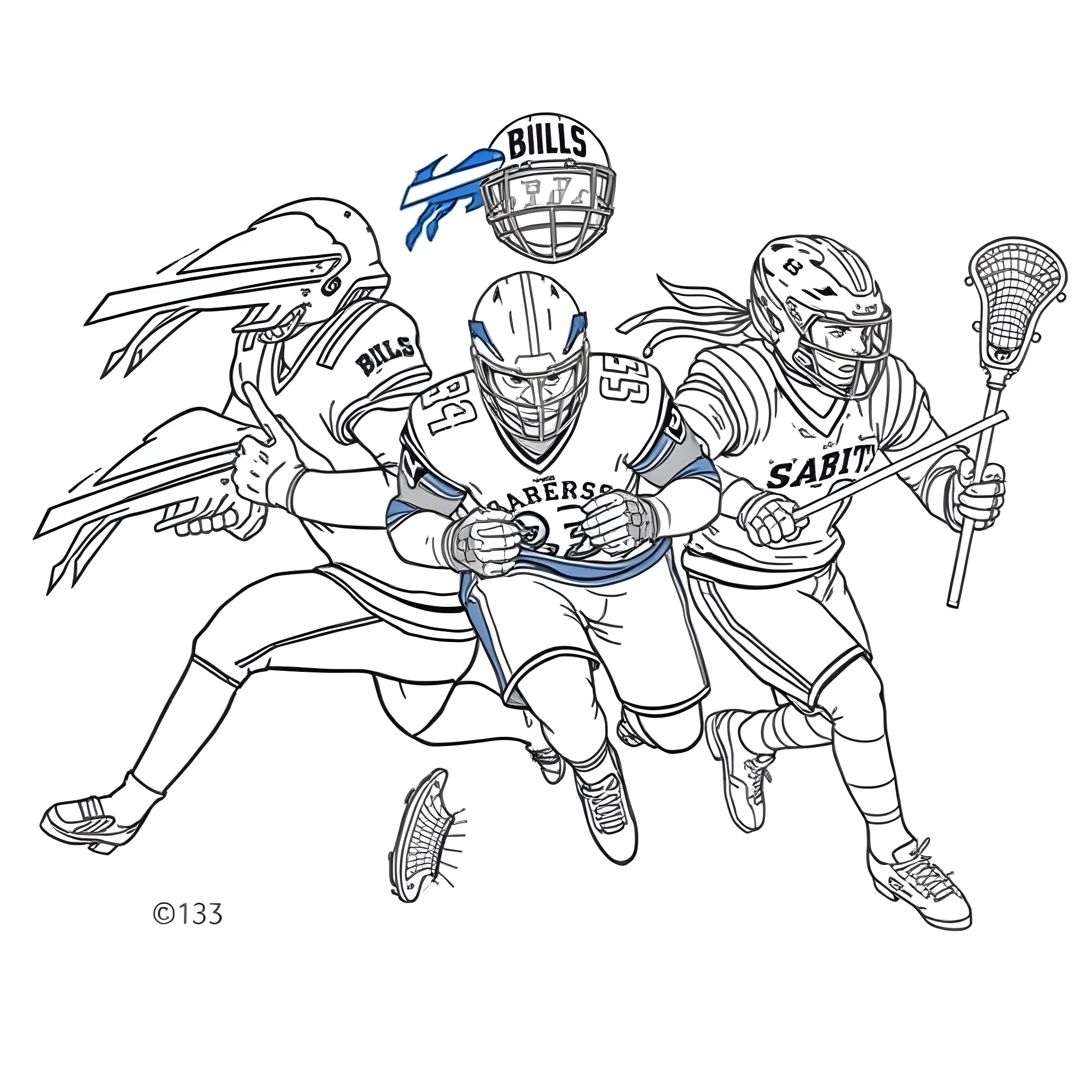 Buffalo players competing in a dynamic lacrosse match Coloring Page (free black-and-white line drawing printable PDF for all, from beginners to advanced learners, including children, teens, adults, and seniors)