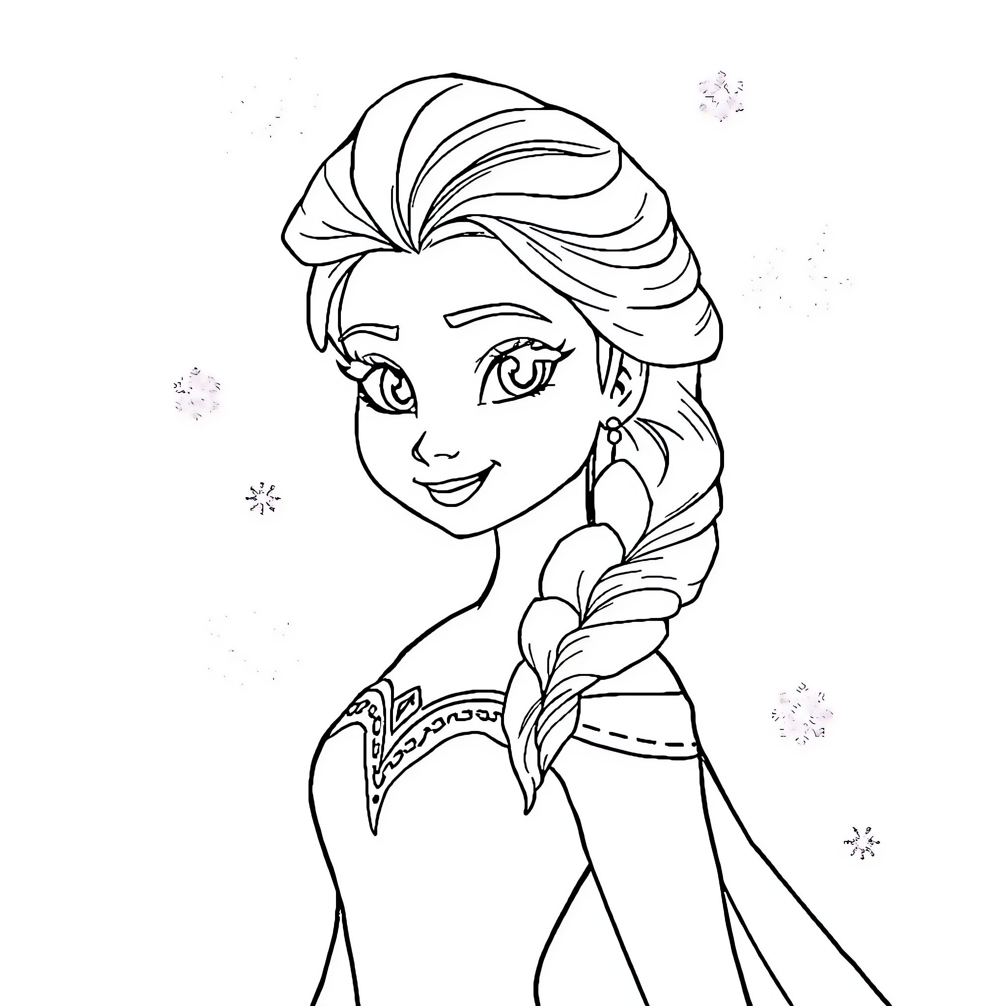 Elsa the Snow Queen in a Wintry Setting Coloring Page (free black-and-white line drawing printable PDF for all, from beginners to advanced learners, including children, teens, adults, and seniors)