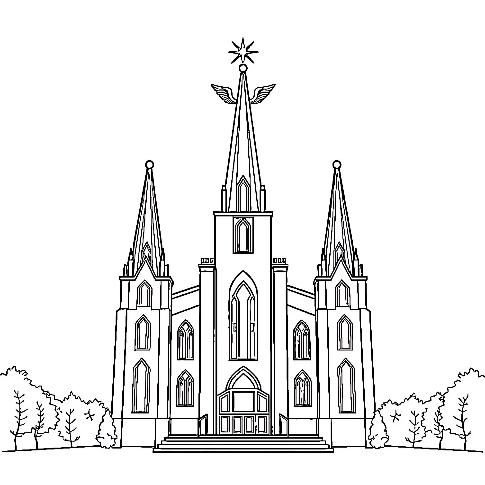 Temple with ornate spires and arched windows Coloring Page (free black-and-white line drawing printable PDF for all, from beginners to advanced learners, including children, teens, adults, and seniors)
