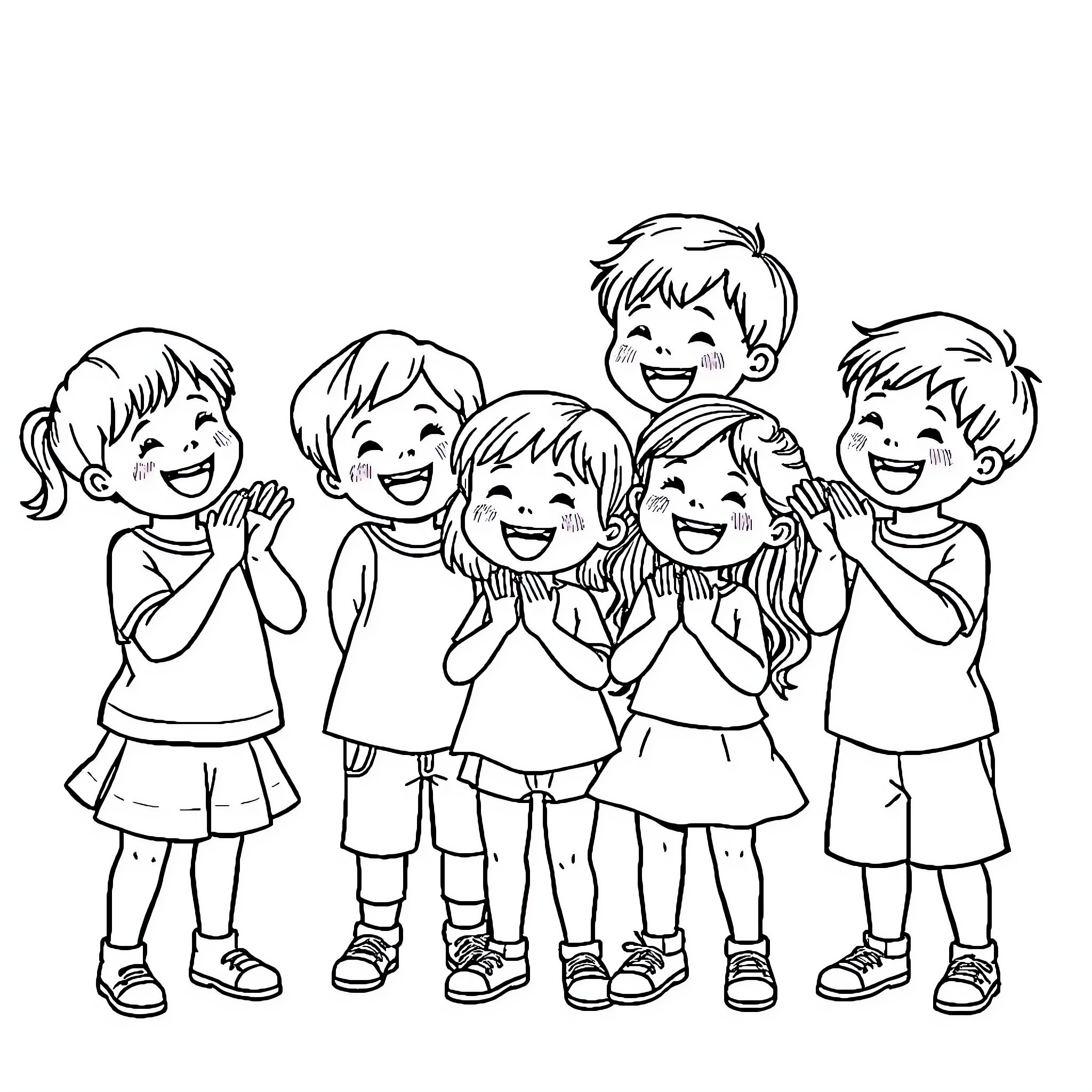 Kid friends laughing and playing together Coloring Page (free black-and-white line drawing printable PDF for all, from beginners to advanced learners, including children, teens, adults, and seniors)